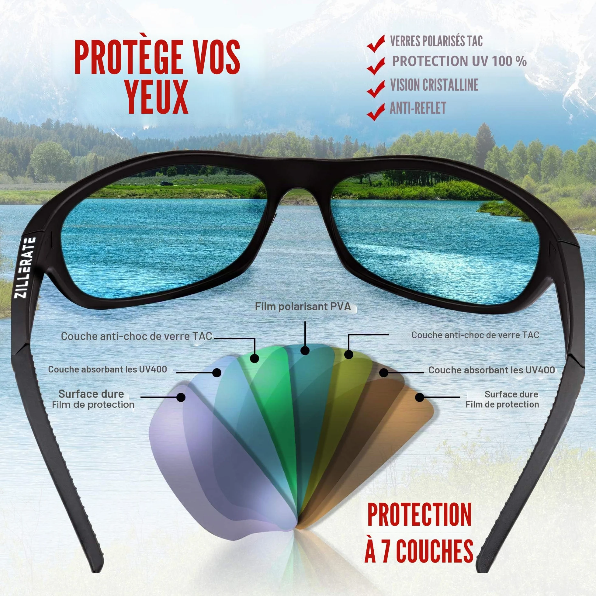 ZILLERATE Lunettes de Soleil Sport Polarisées Homme Femme Protection UV400 TR90