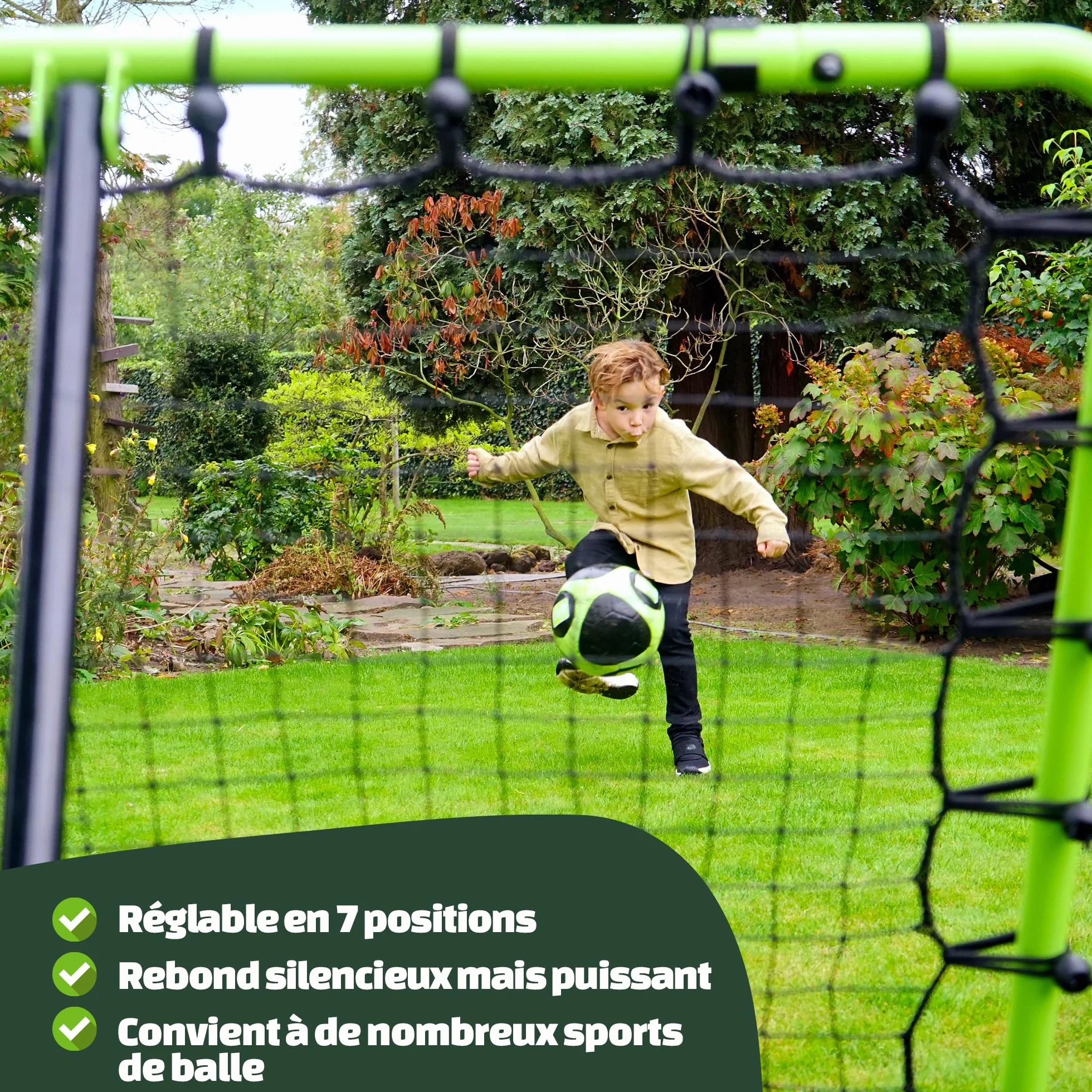 EXIT Toys Filet de Rebond 100 x 100 cm Réglable 7 Positions – Entraînement Football, Volleyball, Handball et Basketball – TÜV Testé – Vert/Noir