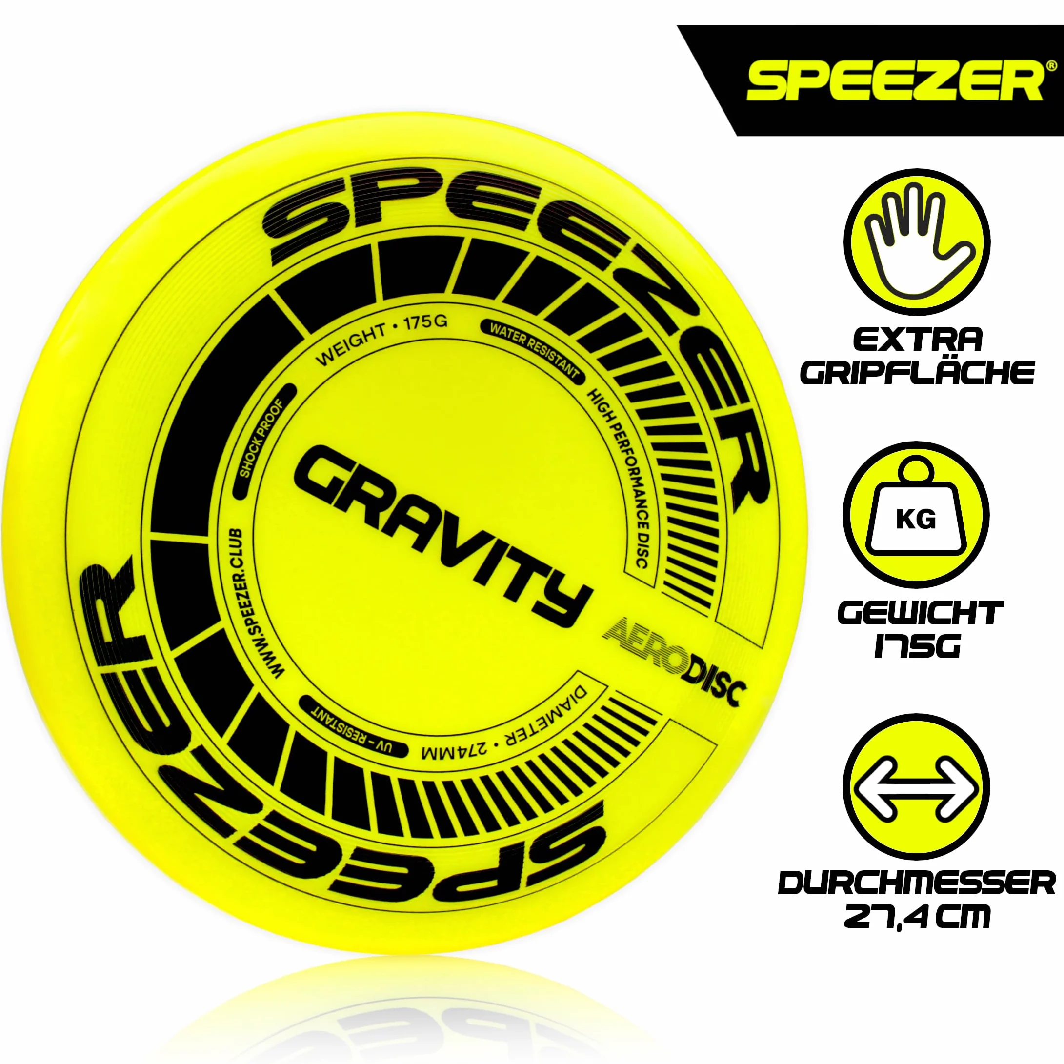 SPEEZER® Gravity Frisbee 175 g – Disque de lancer professionnel jaune fluo – Jeu de sport en plein air – Frisbee pour enfants et adultes