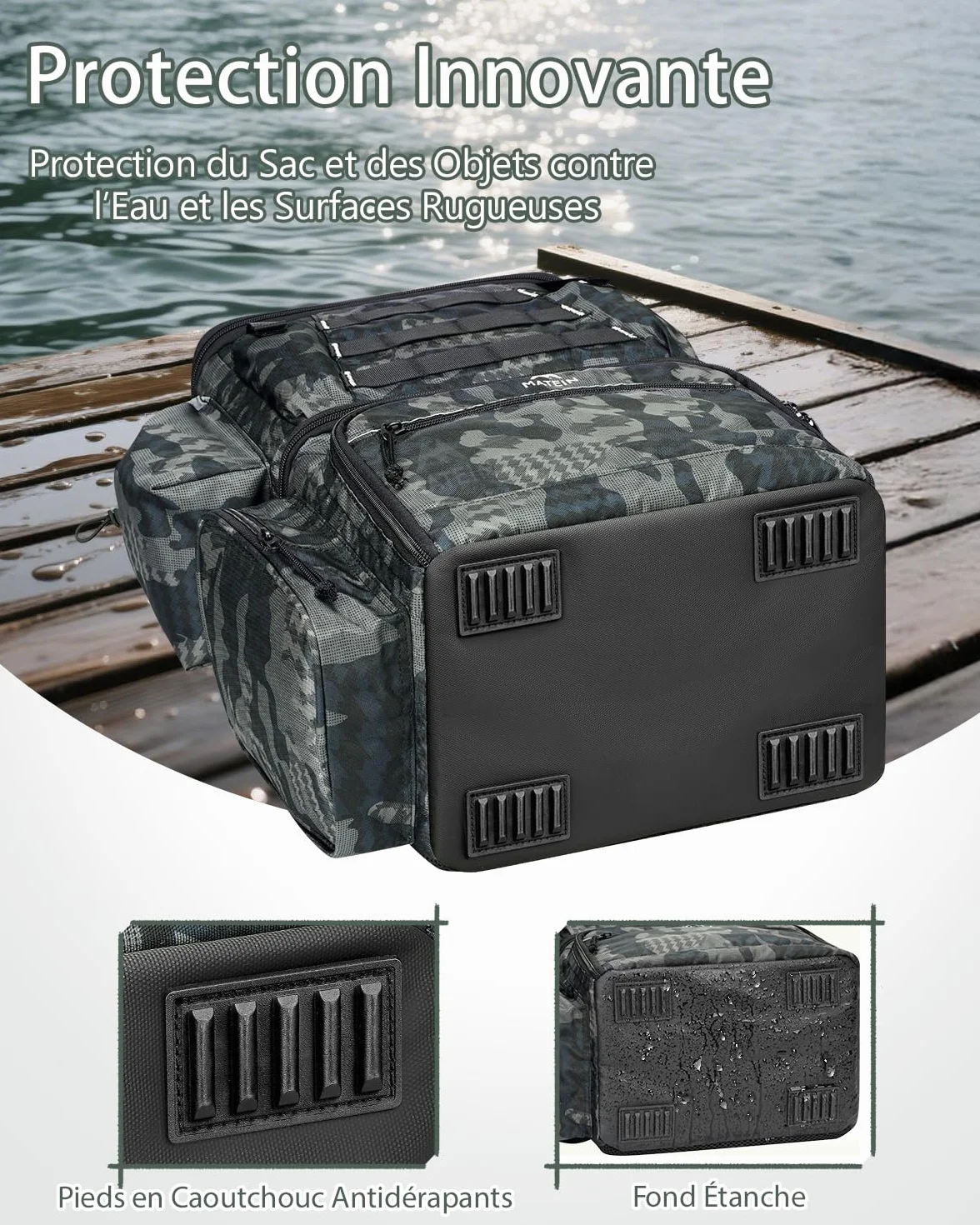 MATEIN Sac de Pêche Étanche avec 4 Boîtes de Rangement, Porte-Canne, Compartiment Isotherme, Camouflage
