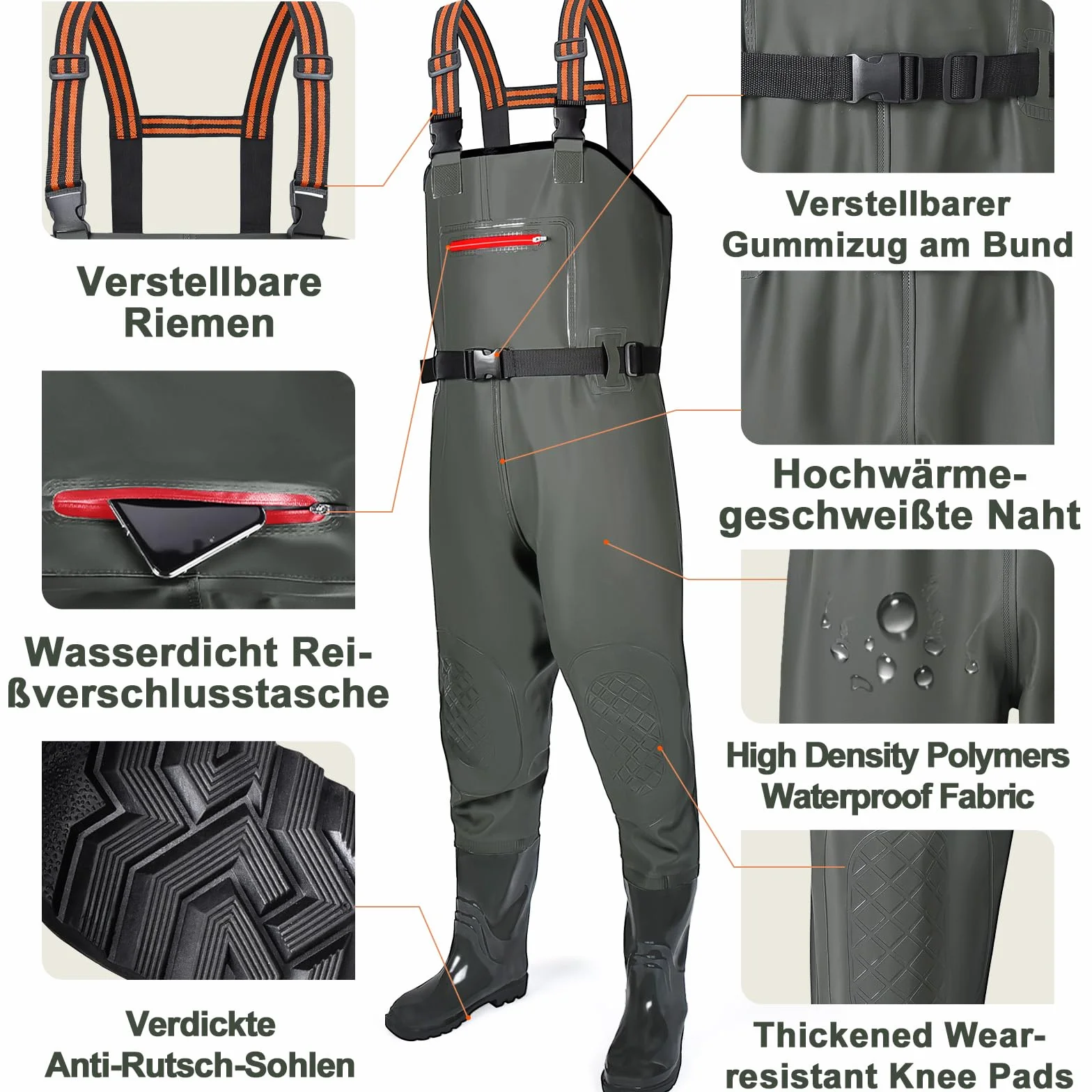 YOOHBERRYS Waders Pêche Homme avec Poche Poitrine et Bottes 42-46 Antidérapants