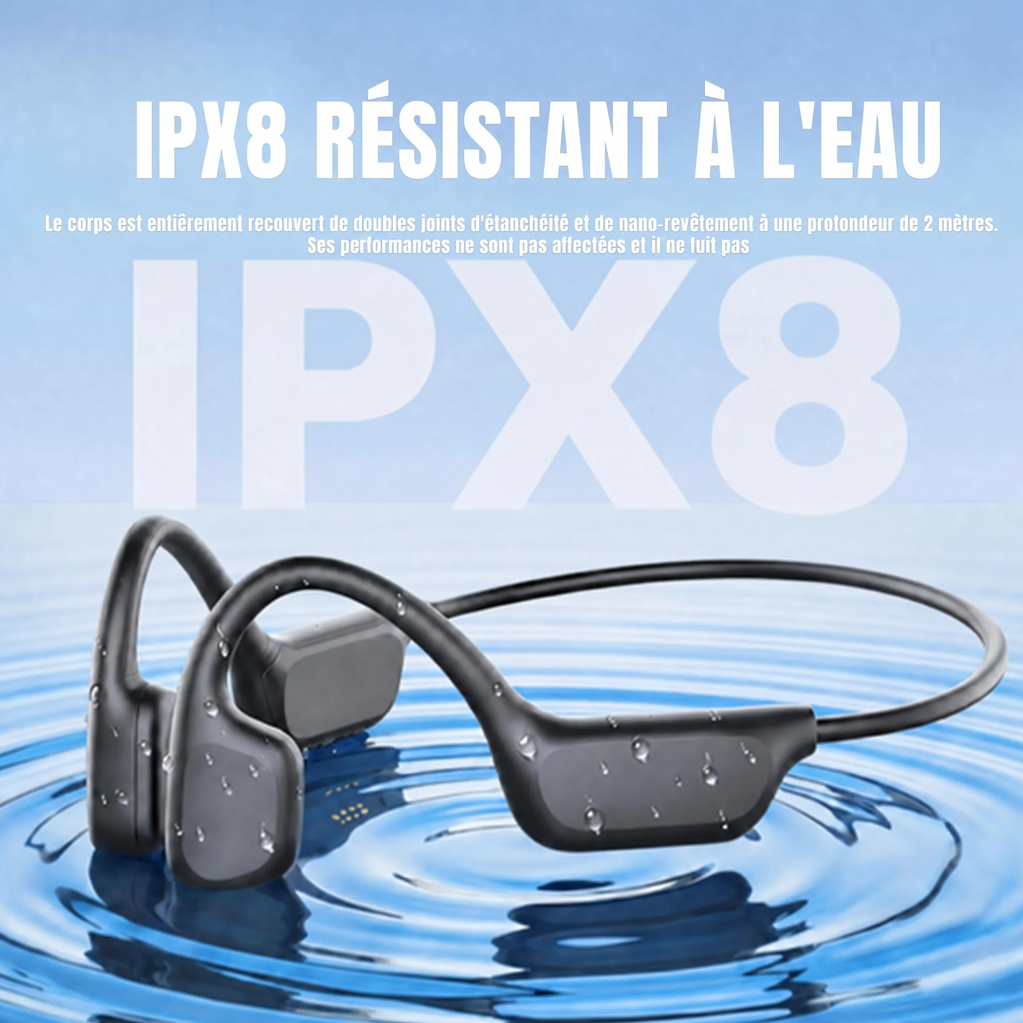 Écouteurs Natation Bluetooth 6.0 IPX8 Sans Fil MP3 32 Go Mémoire Intégrée 8 Heures Jeu Sportif Noir