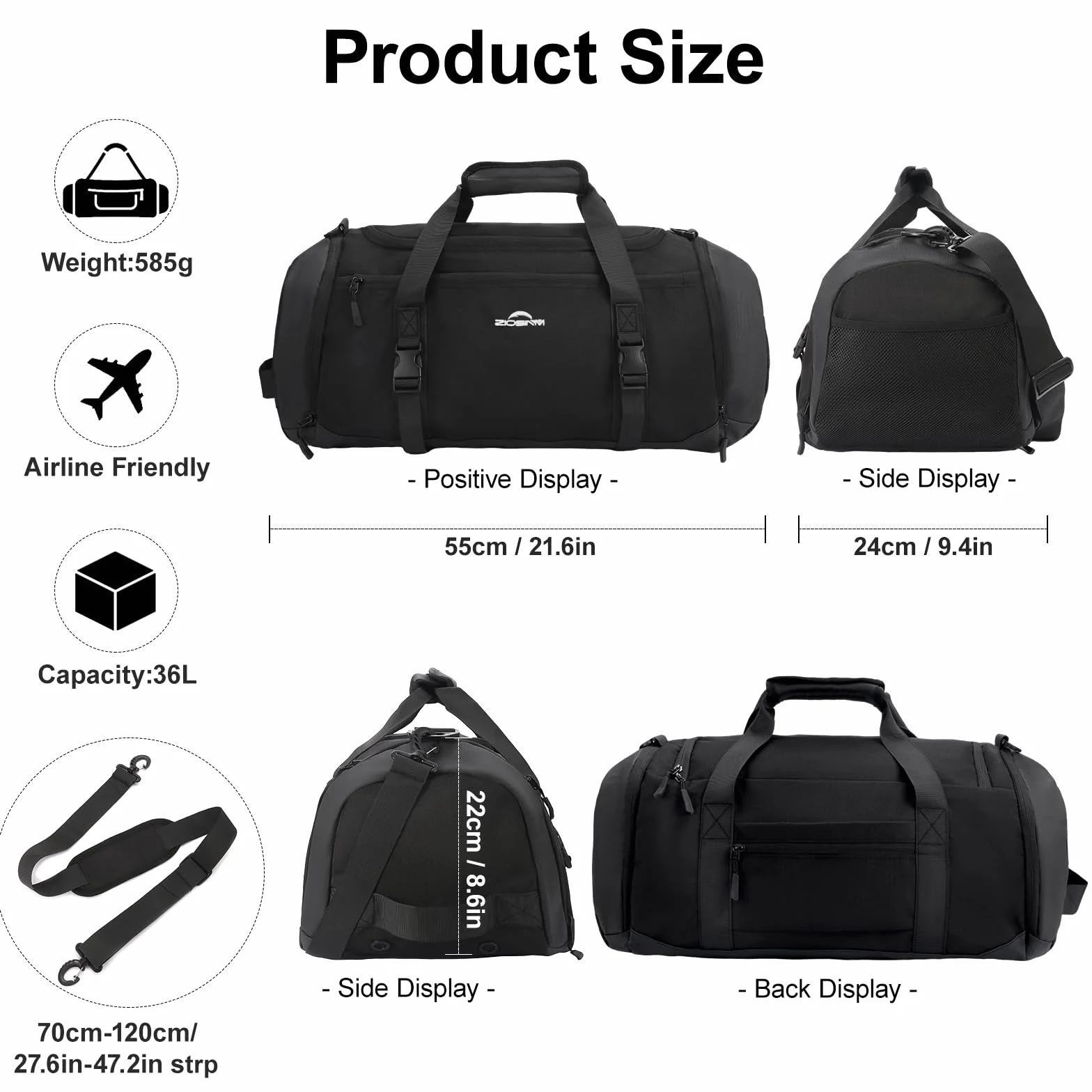 Sac de Sport Homme Femme 36L avec Compartiment Chaussures, Sac de Voyage Camping (Noir)