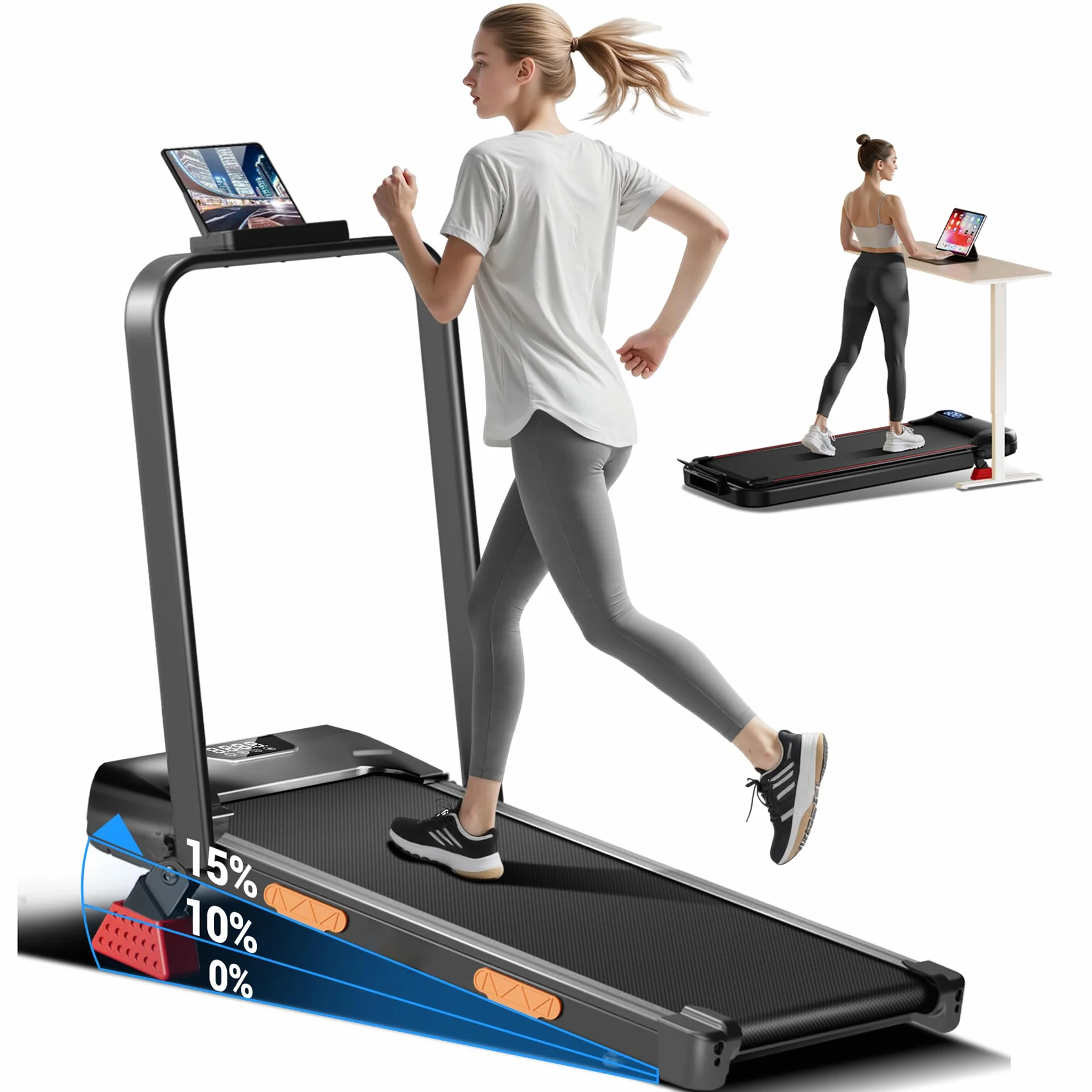 UMAY Tapis de Course Pliable Inclinable 15% Walking Pad Moteur Silencieux Charge Max 136KG