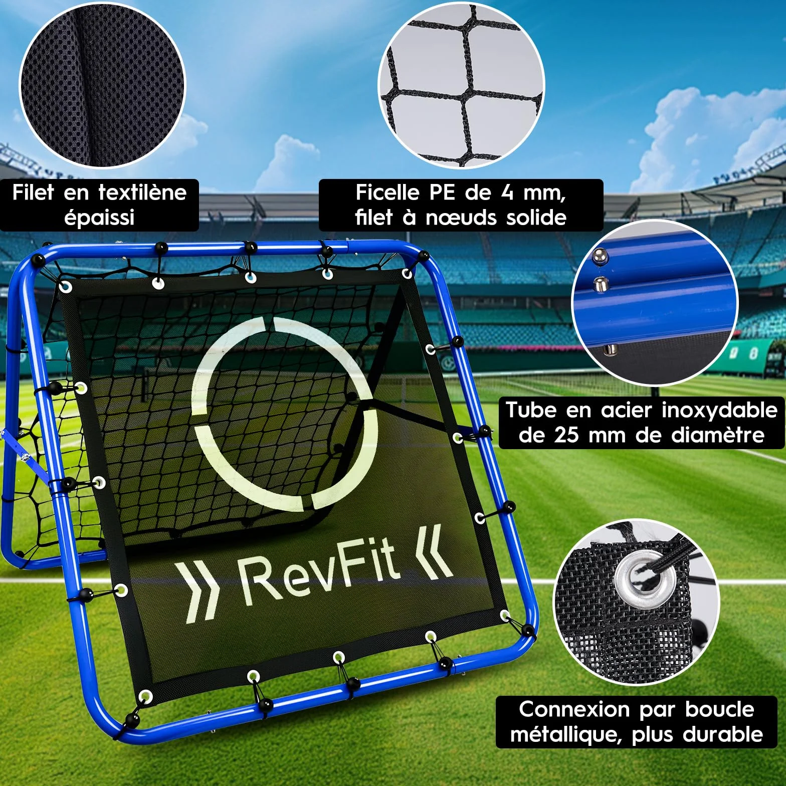 Filet de rebond football réglable double face avec cible acier robuste 80/100/120 cm