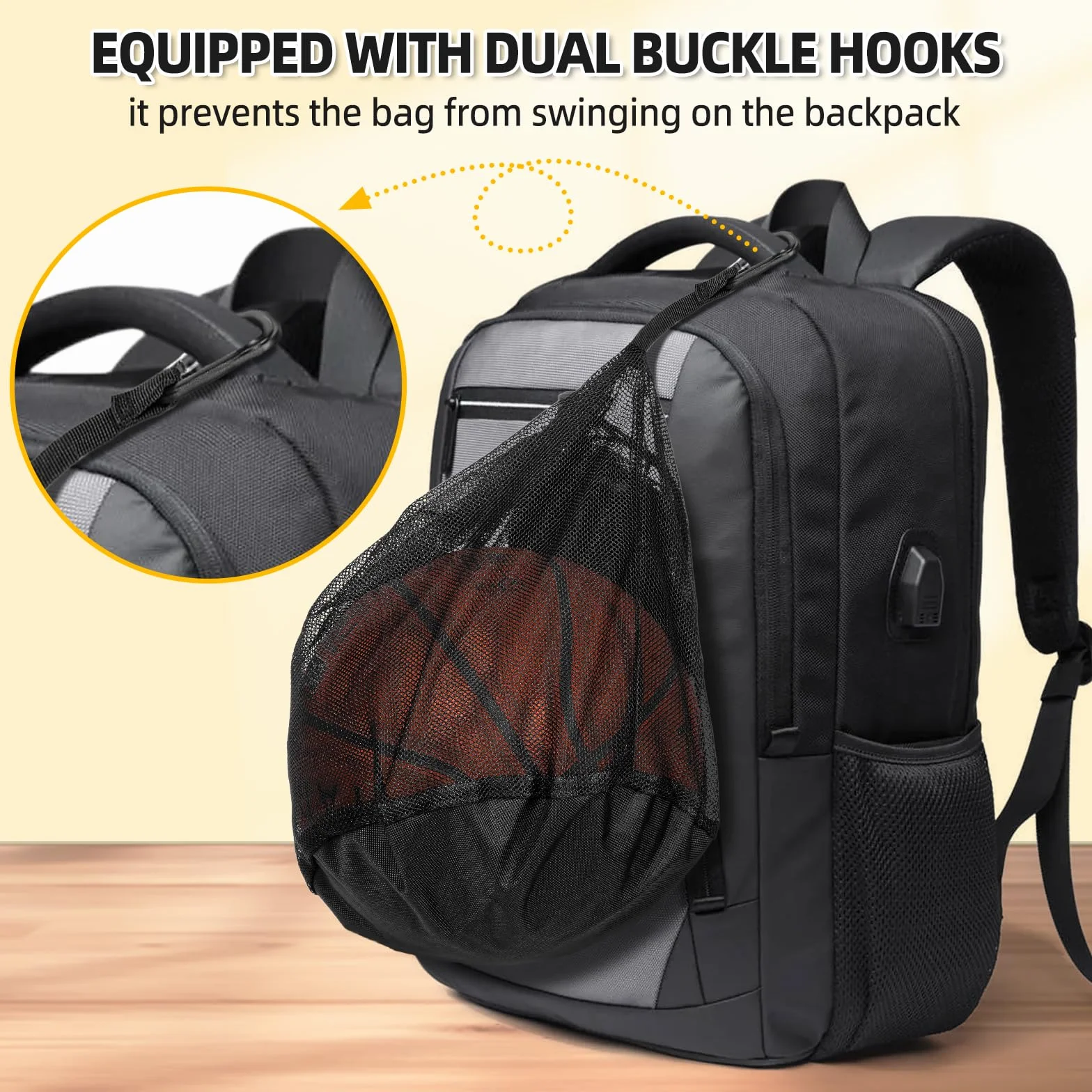Sacs Basketball 16L - Sac Ballon de Basket - Filet Pliable avec Poche Zippée et Mousqueton - Sac de Transport pour Basketball, Football