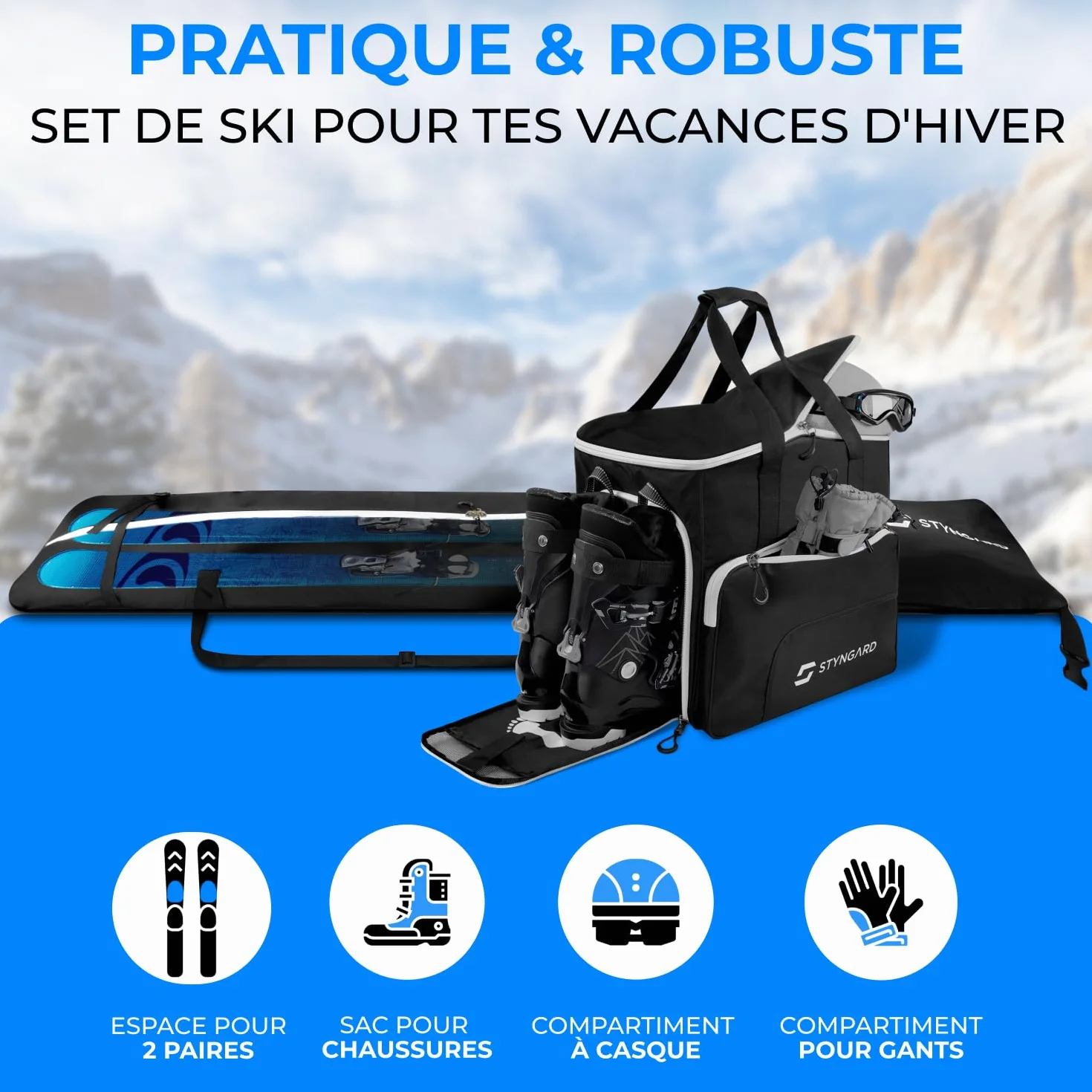 STYNGARD Set Double Sac de Ski pour 2 Paires de Skis 140-200 cm avec Sac à Chaussures de Ski et Compartiment Casque 54 L Modèle Salzburg