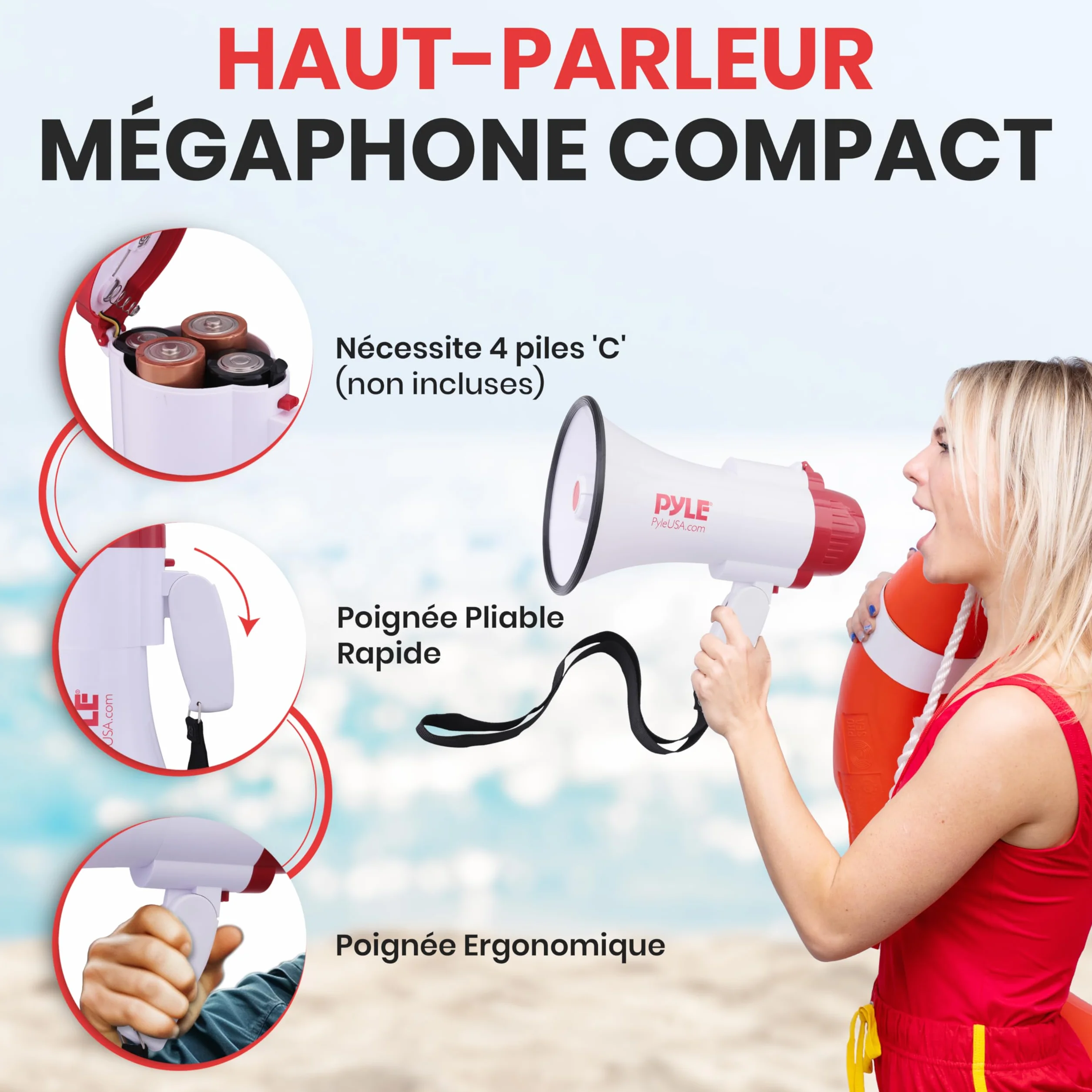 Pyle Mégaphone Porte-Voix 30W avec Sirène et Enregistrement – Haut-Parleur PA Portatif, Portée 731m