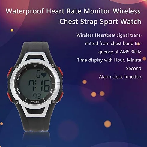 Montre de sport étanche 3 mètres moniteur fréquence cardiaque sans fil alarme rétroéclairée Noir