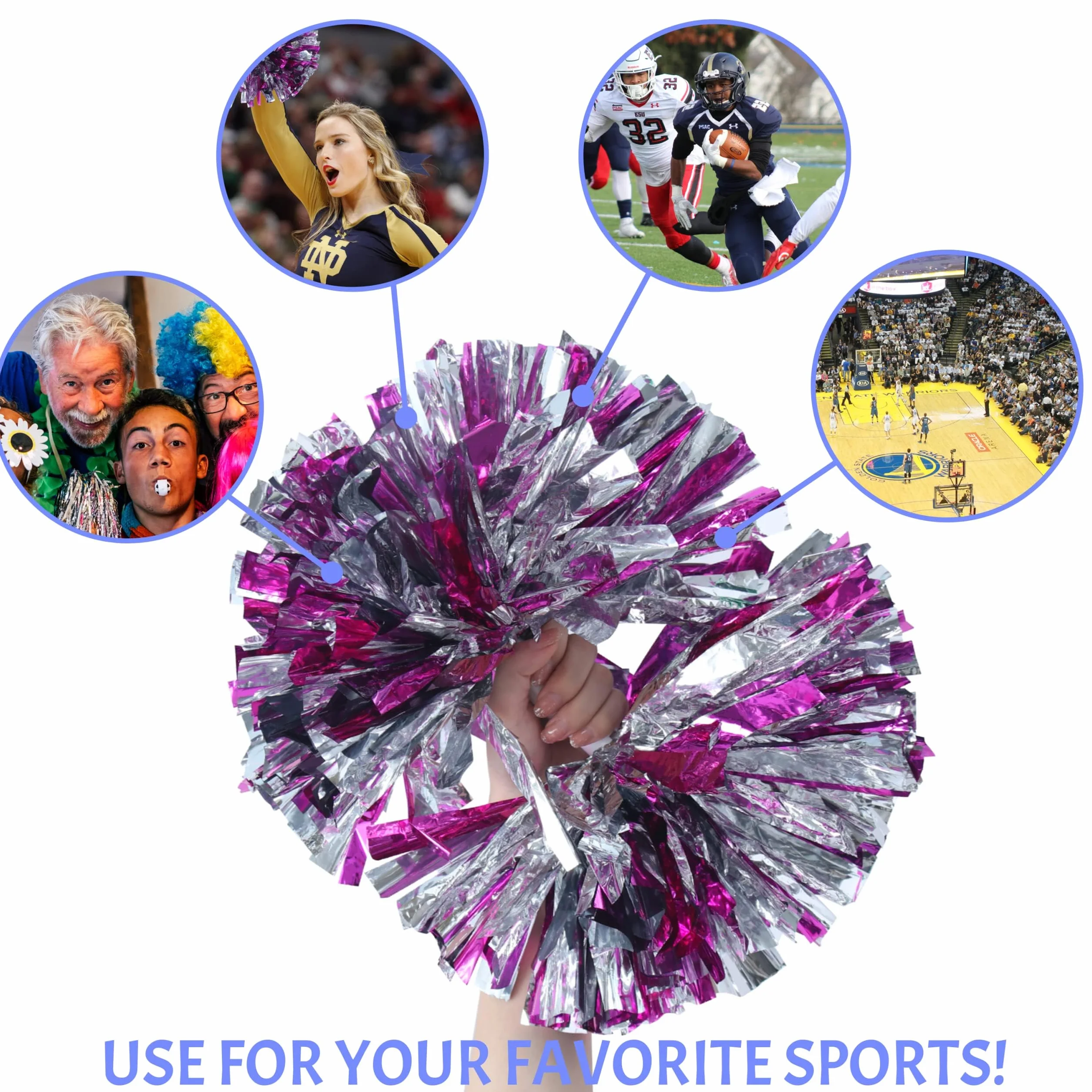 Lot de 2 Pompons Pom-pom Girl Métallisée avec Poignées pour Compétition Sportive, Danse, Cheers