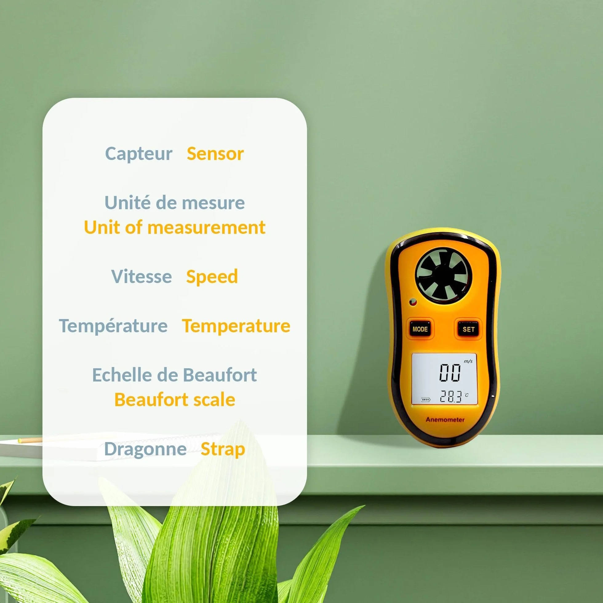 FISHTEC Anémomètre Numérique Portable - Mesure Vitesse Vent actuelle/moyenne/maximale + Température - Ecran LCD rétroéclairé