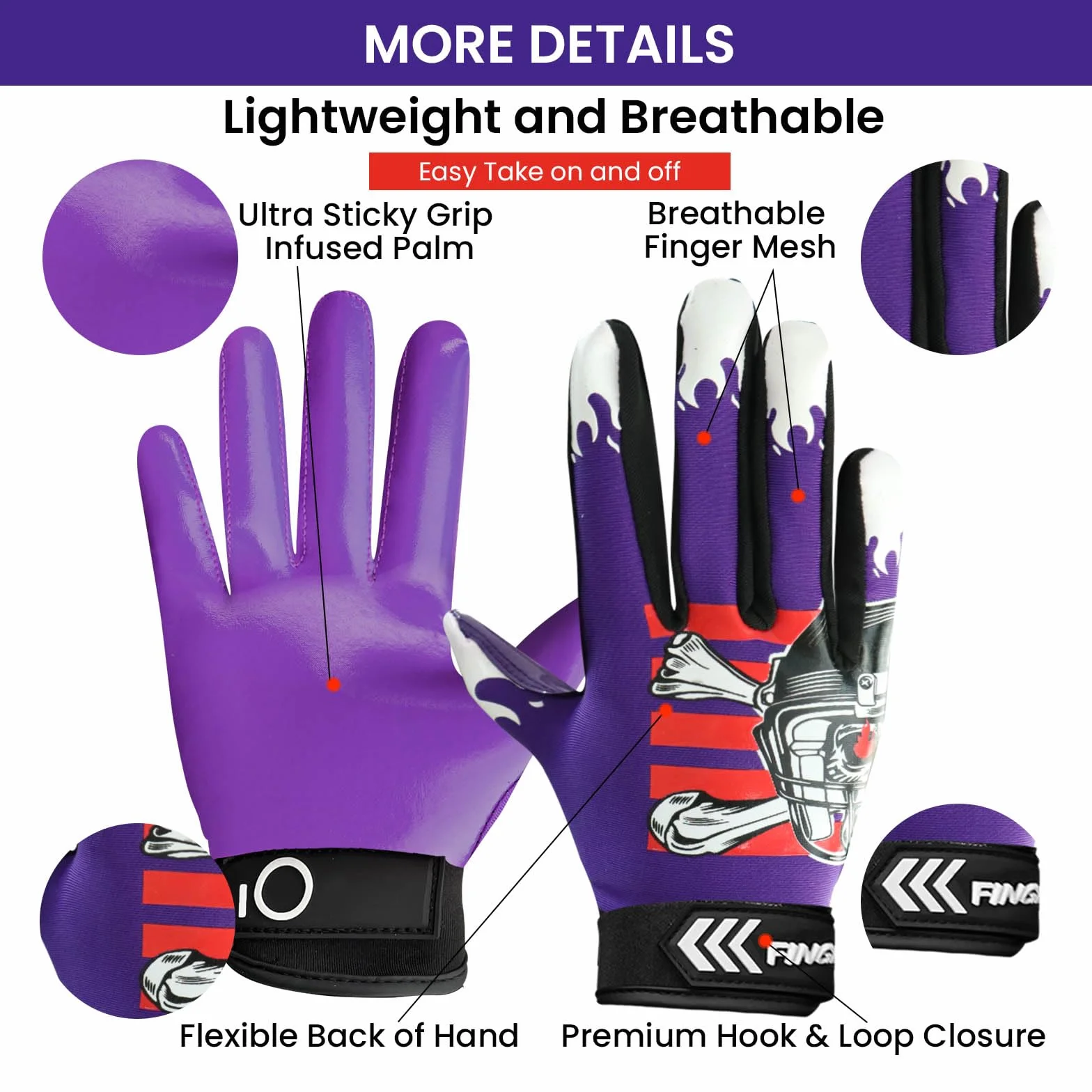 FINGER TEN Gants de football américain ultra adhérents antidérapants pour enfants 5-14 ans