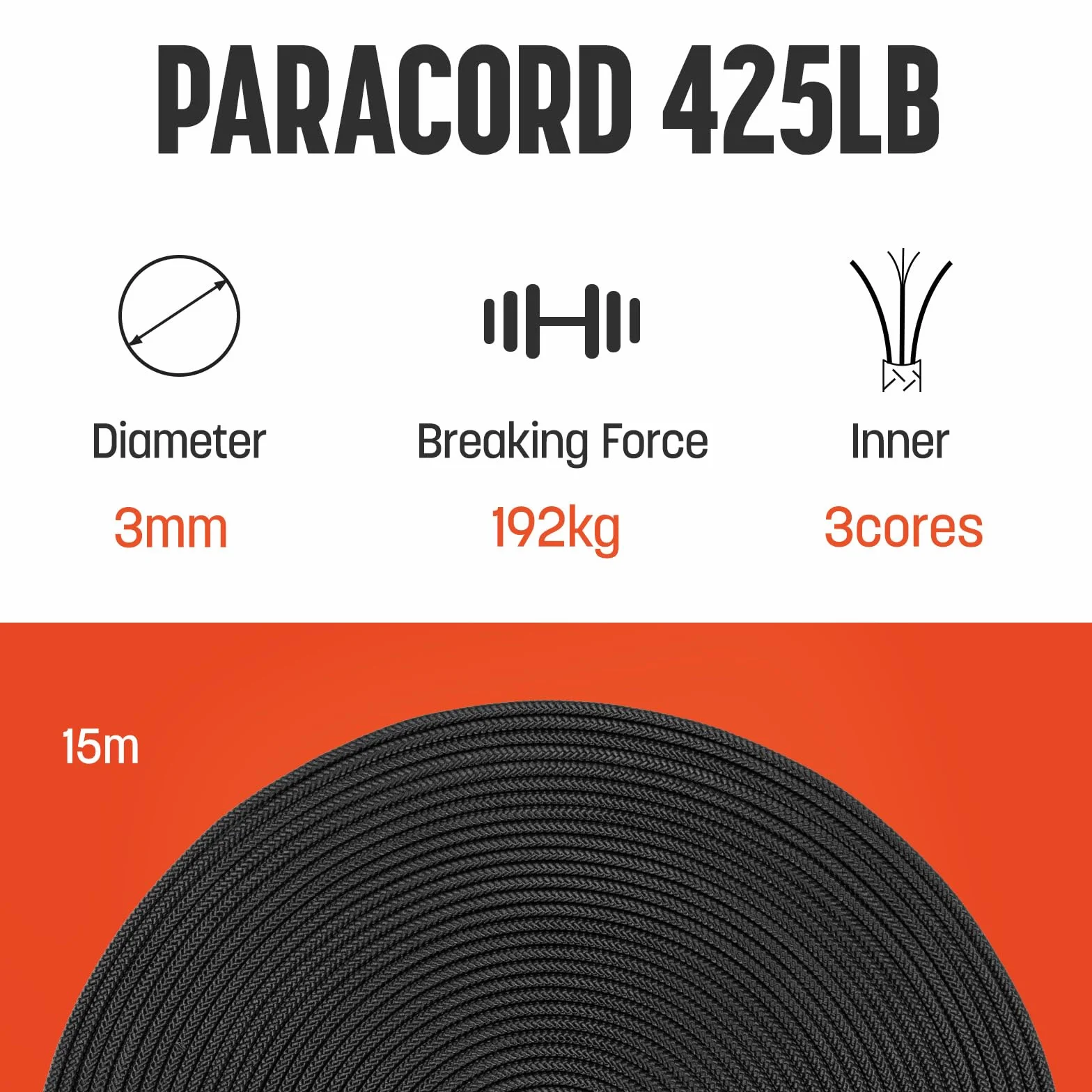 Paracorde 425 Type II 15m Noir 3mm 100% Nylon Corde 3 Brins Survie Camping