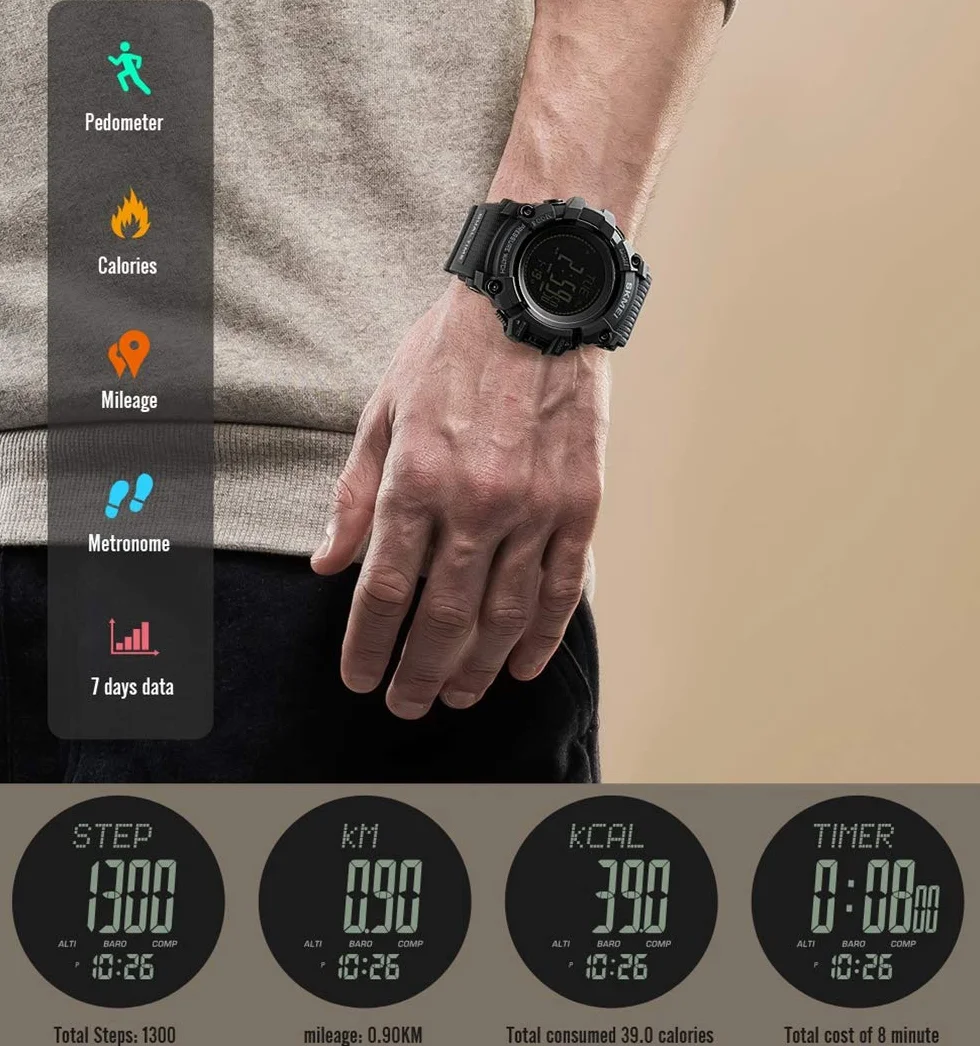 Montre Sport LED Plastique Caoutchouc Multifonctionnelle Boussole Podomètre Altimètre Baromètre Thermomètre