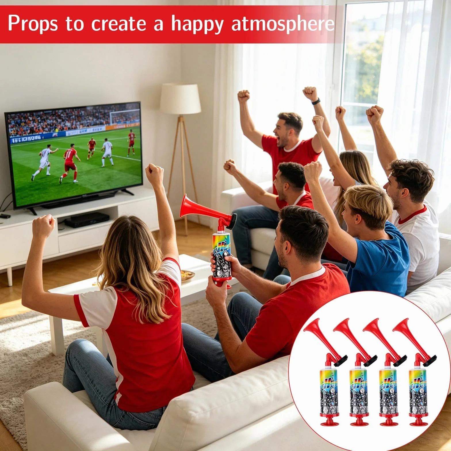 Trompette Supporter Corne de Brume Puissant Portable Vuvuzela 4 Pièces Rouge