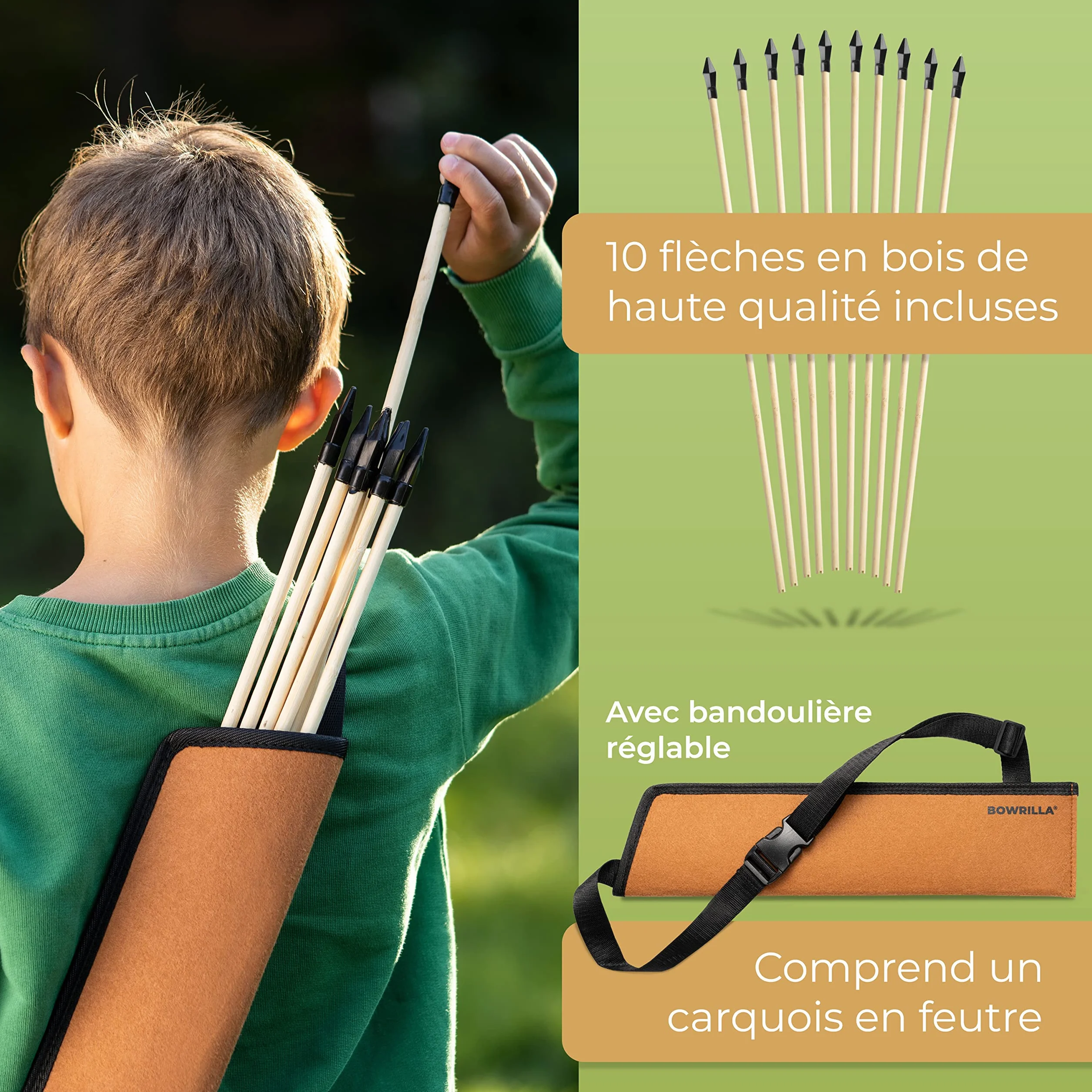 BOWRILLA® Kit de tir à l'arc pour enfants avec 10 flèches, carquois et cibles