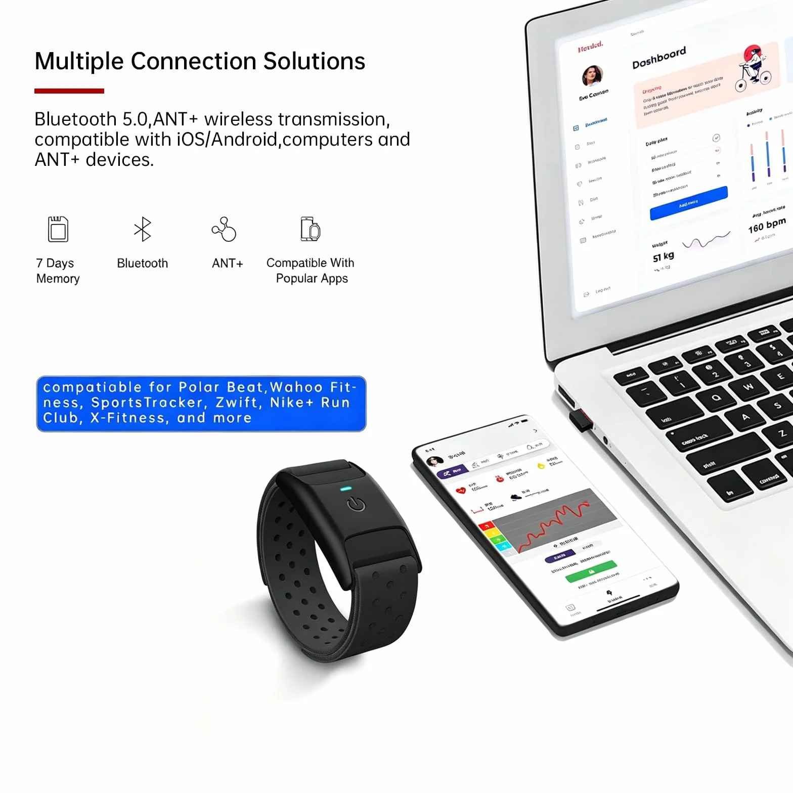 Brassard Moniteur Fréquence Cardiaque HRM CHILEAF Capteur HR IP67 Ant+ Bluetooth 60H Batterie Longue Durée