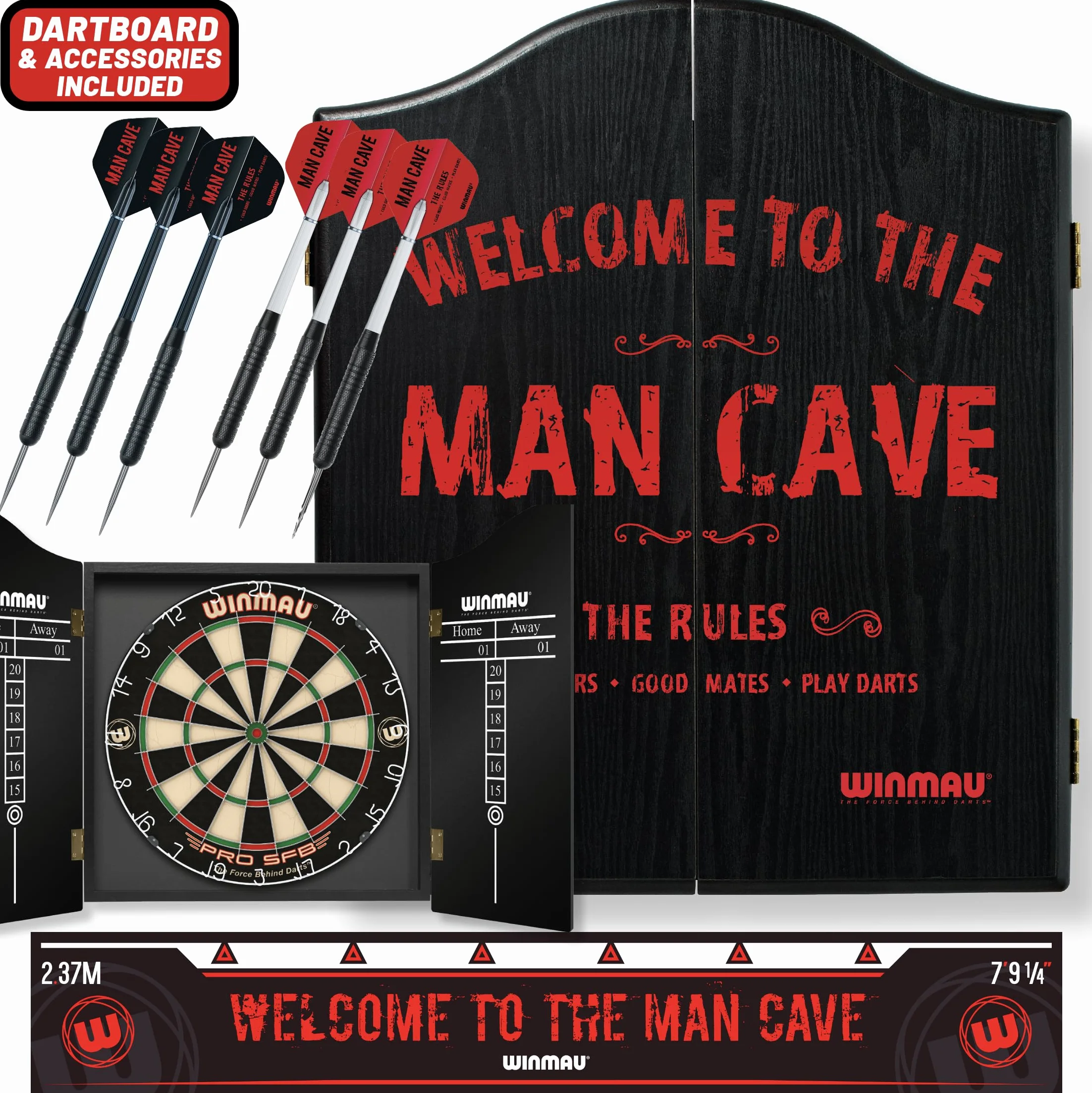 Winmau Man Cave Ensemble cible de fléchettes avec armoire, flèches et ligne de lancer