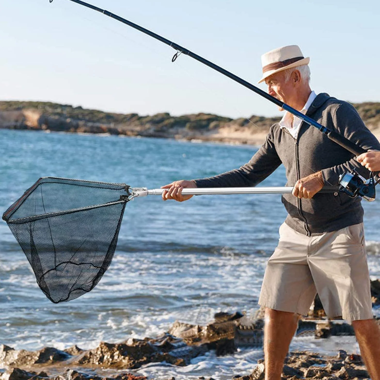 Épuisette de Pêche Pliable 205cm Manche Téléscopique Acier Inoxydable 4 Sections Filet Nylon Triangulaire 36-81 Pouces pour Carpe Truite
