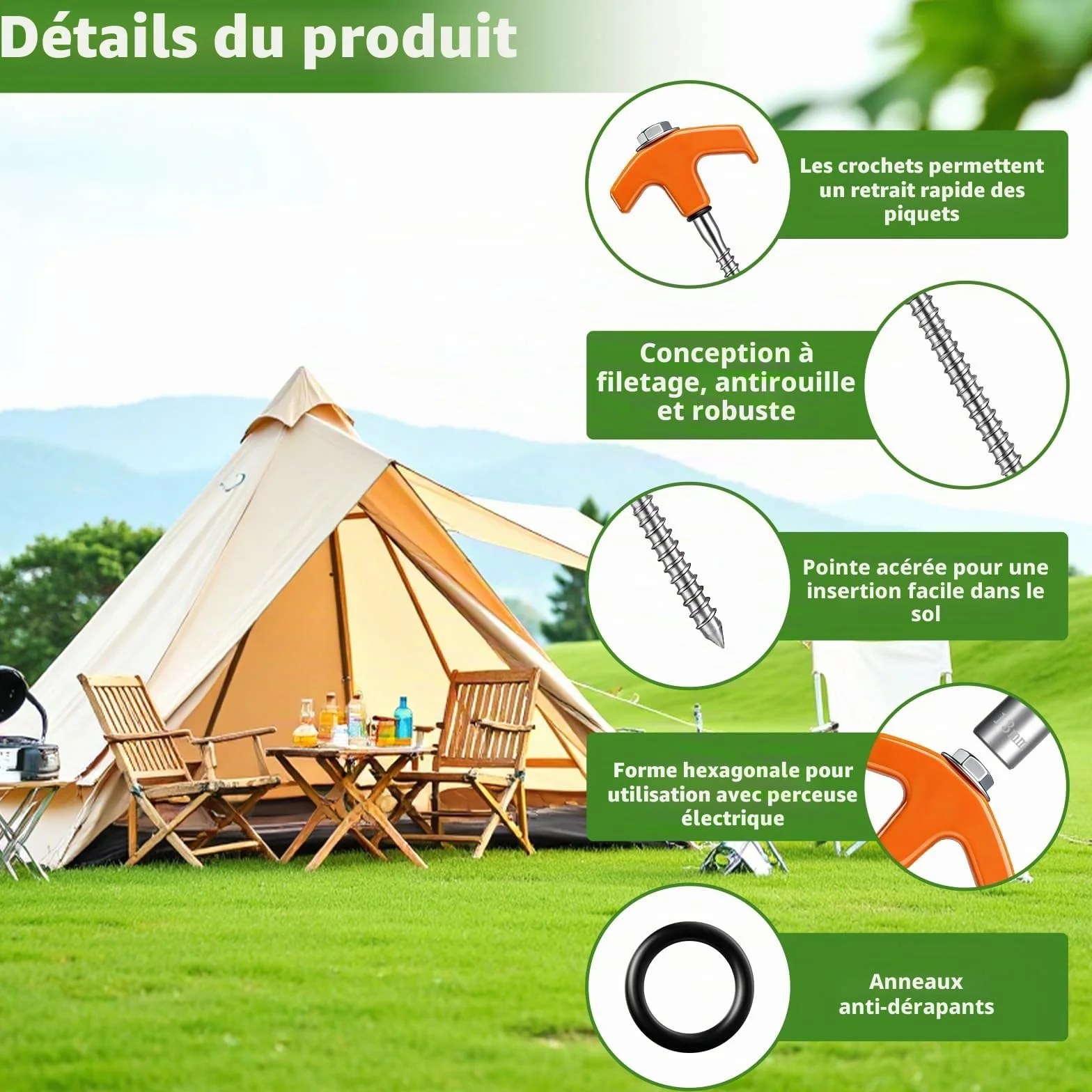 Piquet de Tente à Visser Lot de 12 Sardines Fixation Acier Douille Hexagonale Extracteur Camping