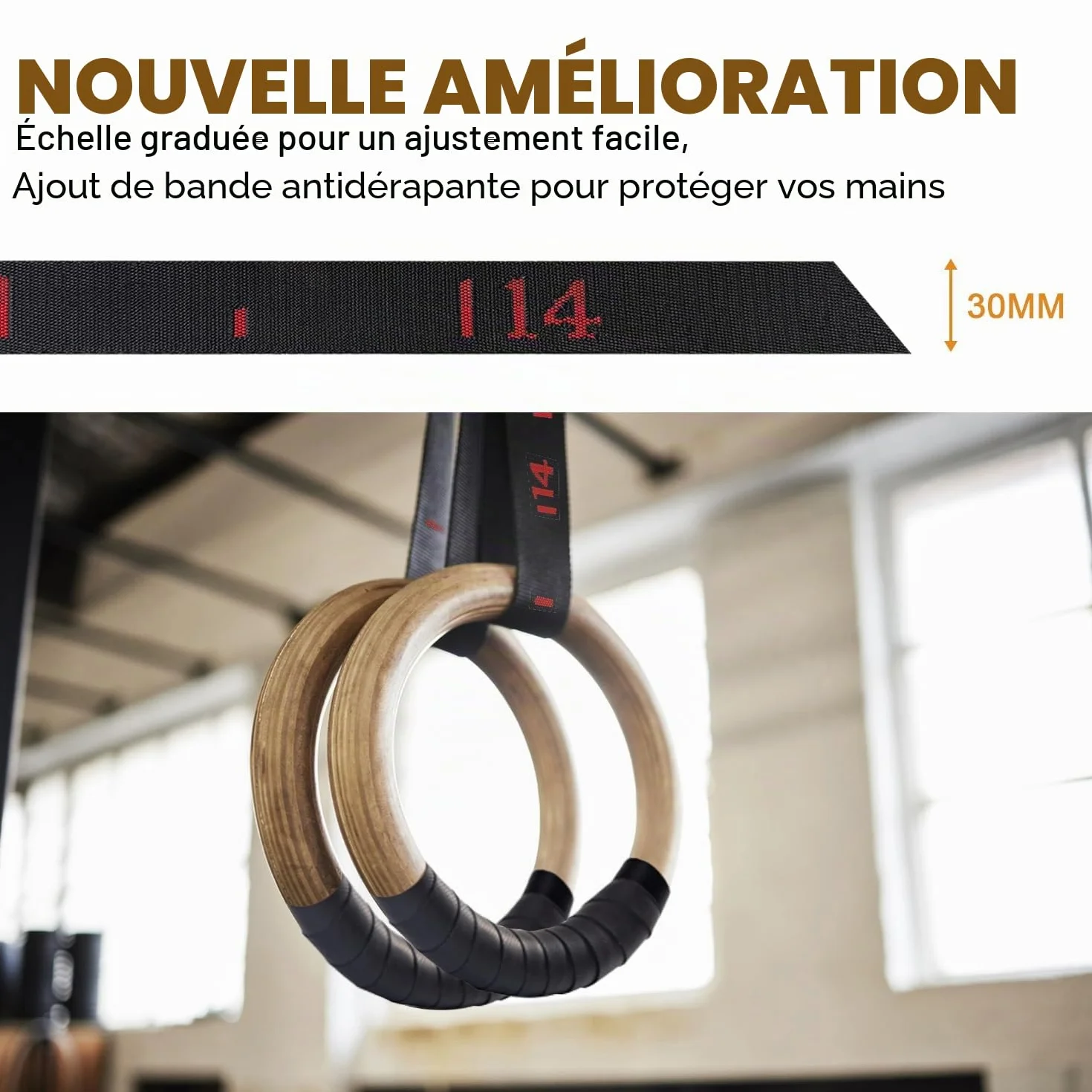 Anneaux Gymnastique en Bois 5BILLION - Diamètre 28mm/32mm Réglable pour Pull Up, Musculation, Home Gym
