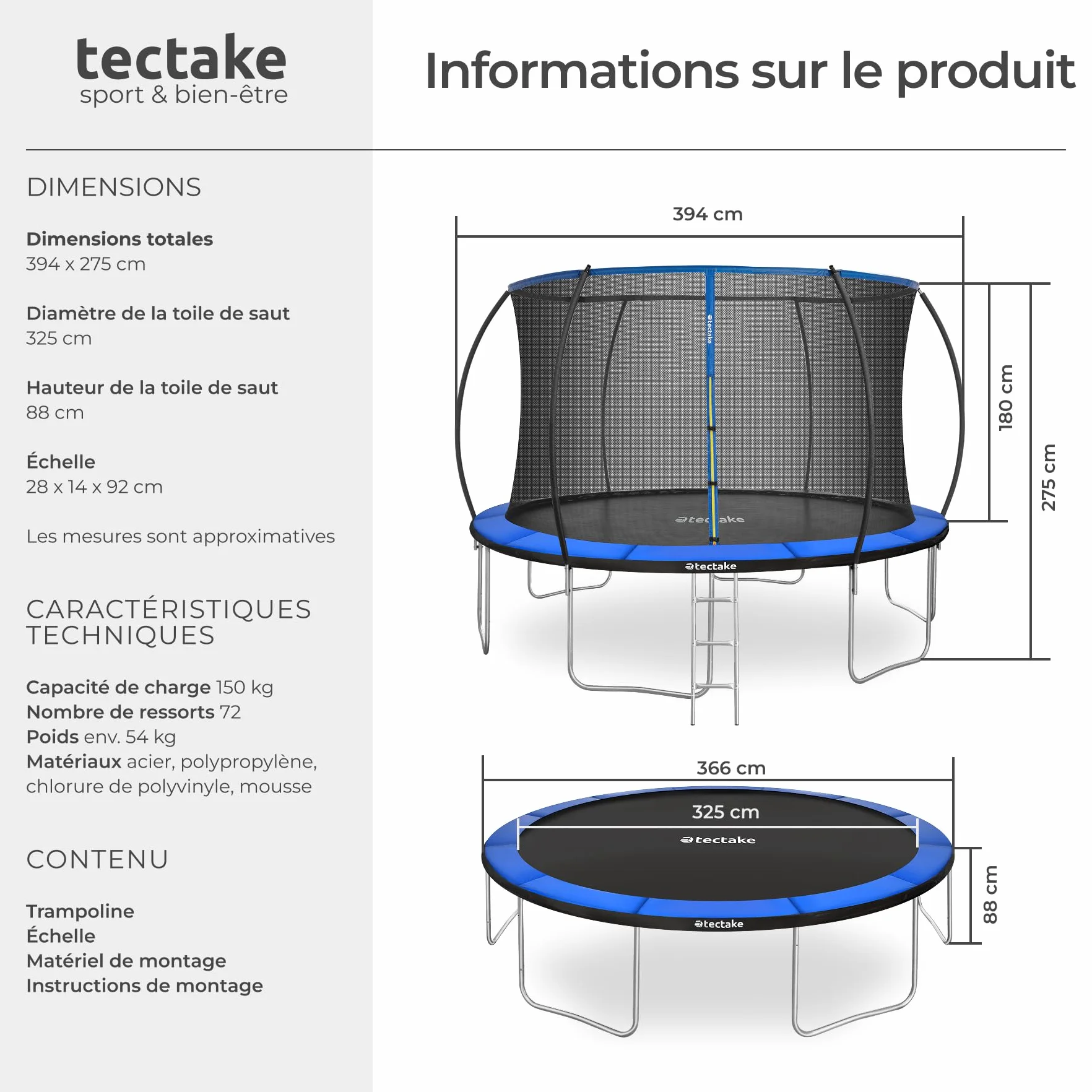 Trampoline de Jardin Ø 366 cm Certifié GS Filet Sécurité Enfants Échelle