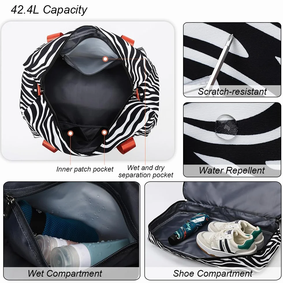 Sac de Sport Femme Grand 42.43L Compartiment Chaussures Poche Humide Voyage Léopard Imperméable Noir