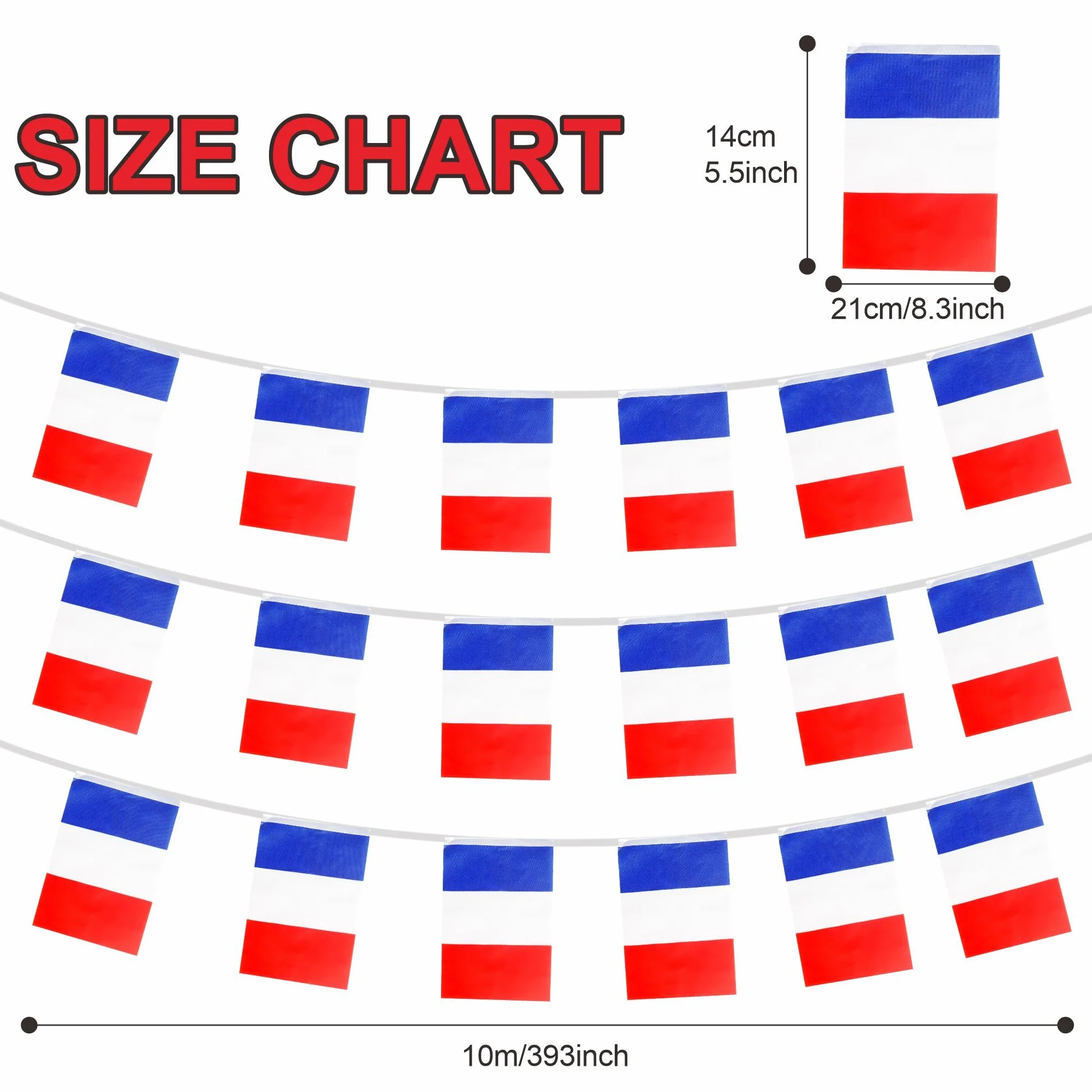 Guirlande de 30 drapeaux de la France 14 x 21 cm 10 m Motif football européen 2024 Décoration de fête
