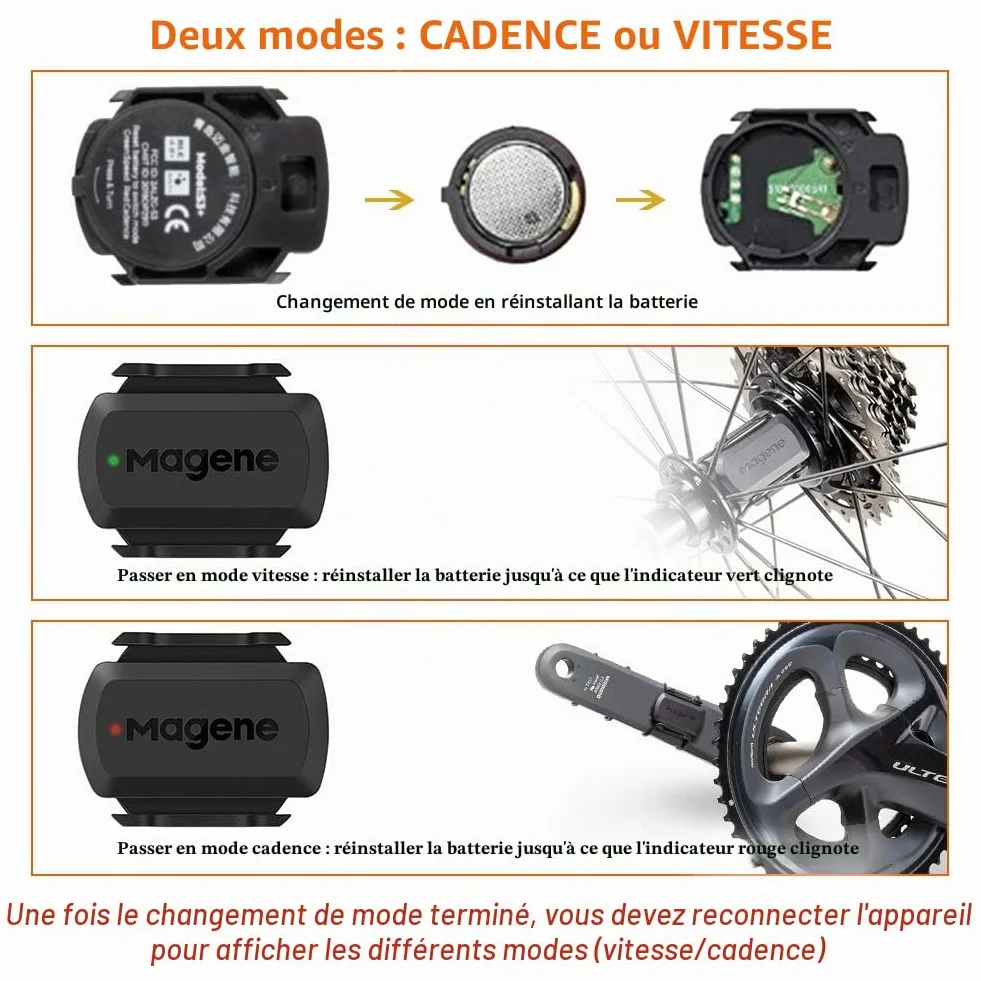 Magene S3+ Capteur de Vitesse et de Cadence de Vélo, ANT+ et Bluetooth 4.0 Sans Fil