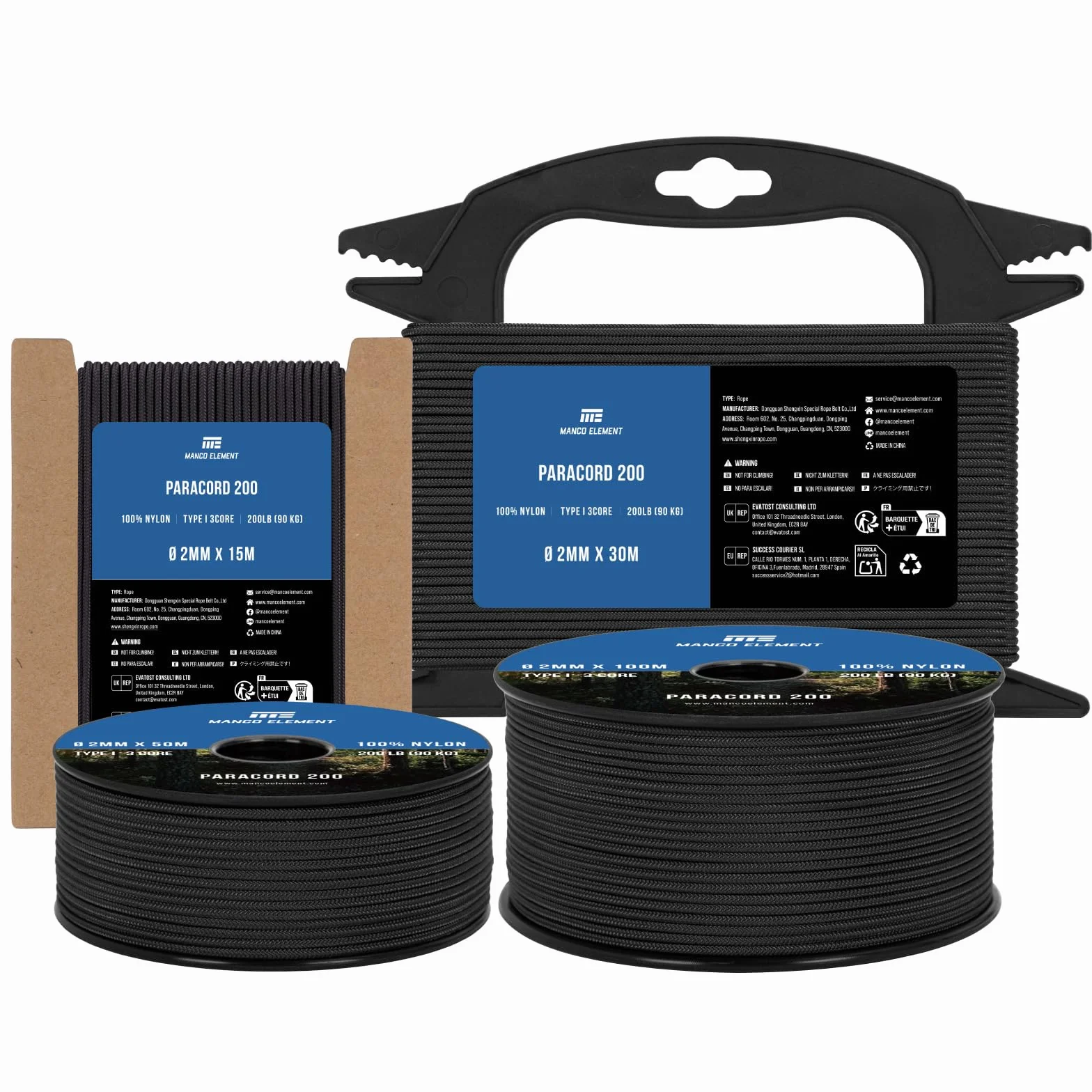 Paracorde 2mm 15m 3 Brins Type I Noir 100% Nylon Capacité de Charge 90KG