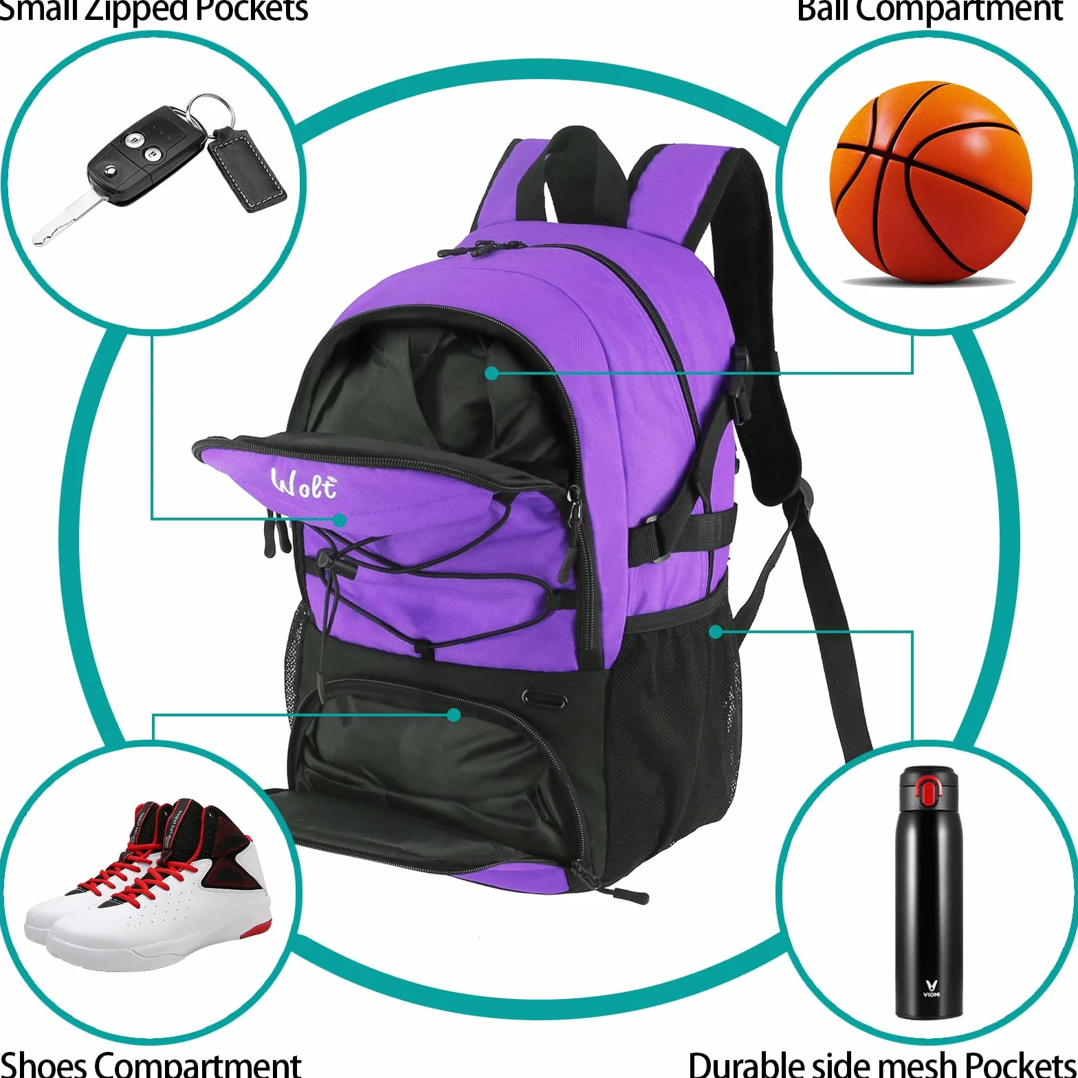 WOLT Sac à Dos de Basket-Ball Grand Sac de Sport avec Porte-Ballon et Compartiment à Chaussures