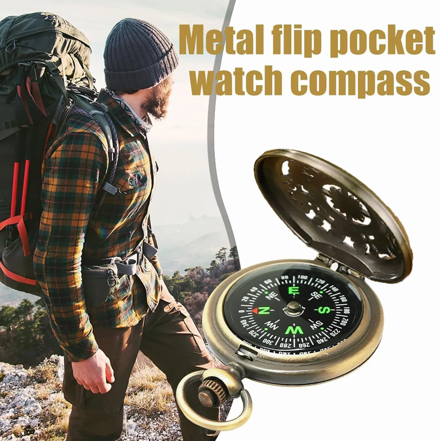 Boussole de Navigation Extérieure Randonnée Survie avec Couvercle Pliant Automatique en Métal Vintage