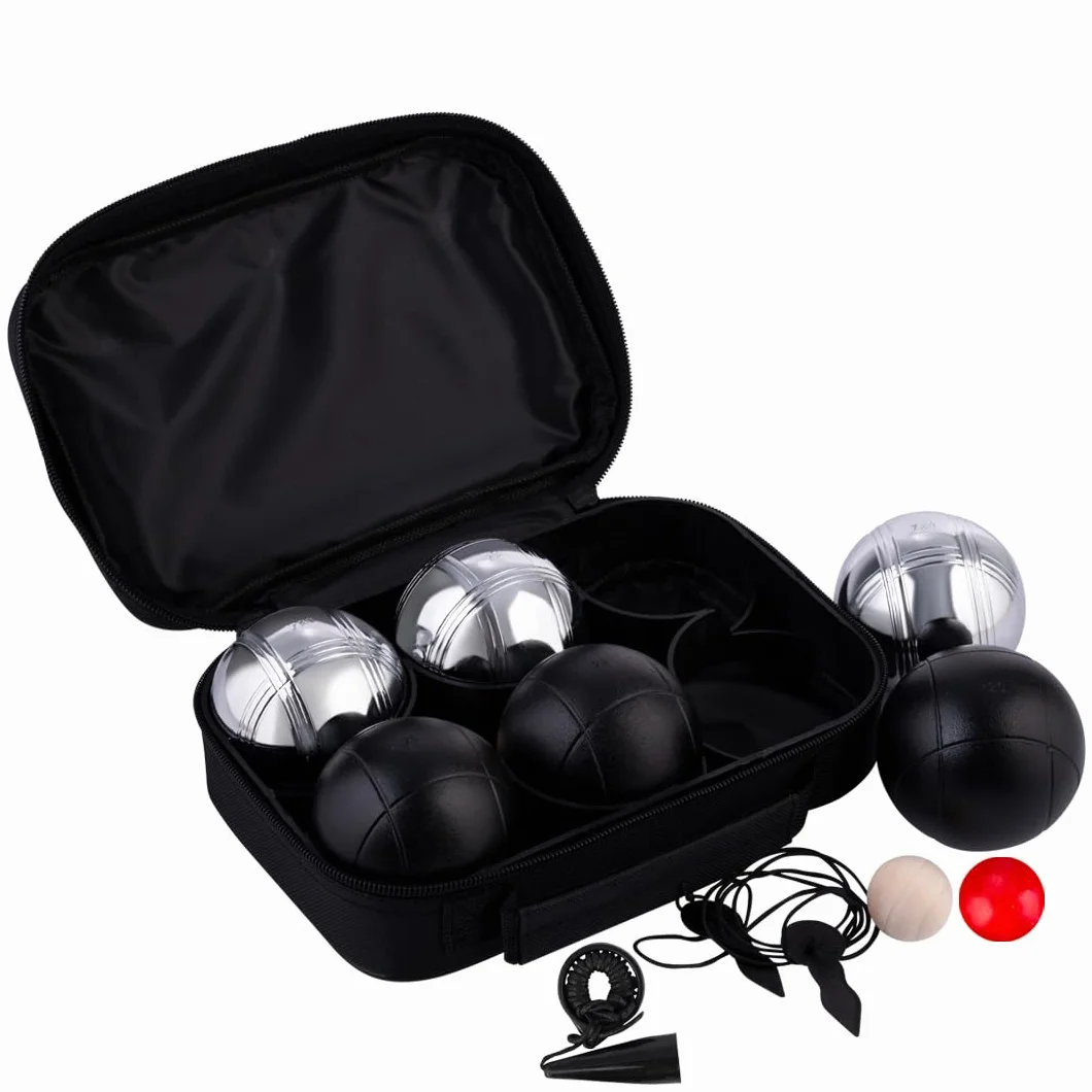 Engelhart Boules de Pétanque 74 mm 720 g 6 Boules Métal Noires et Chromées avec Sac Nylon Cochonnet