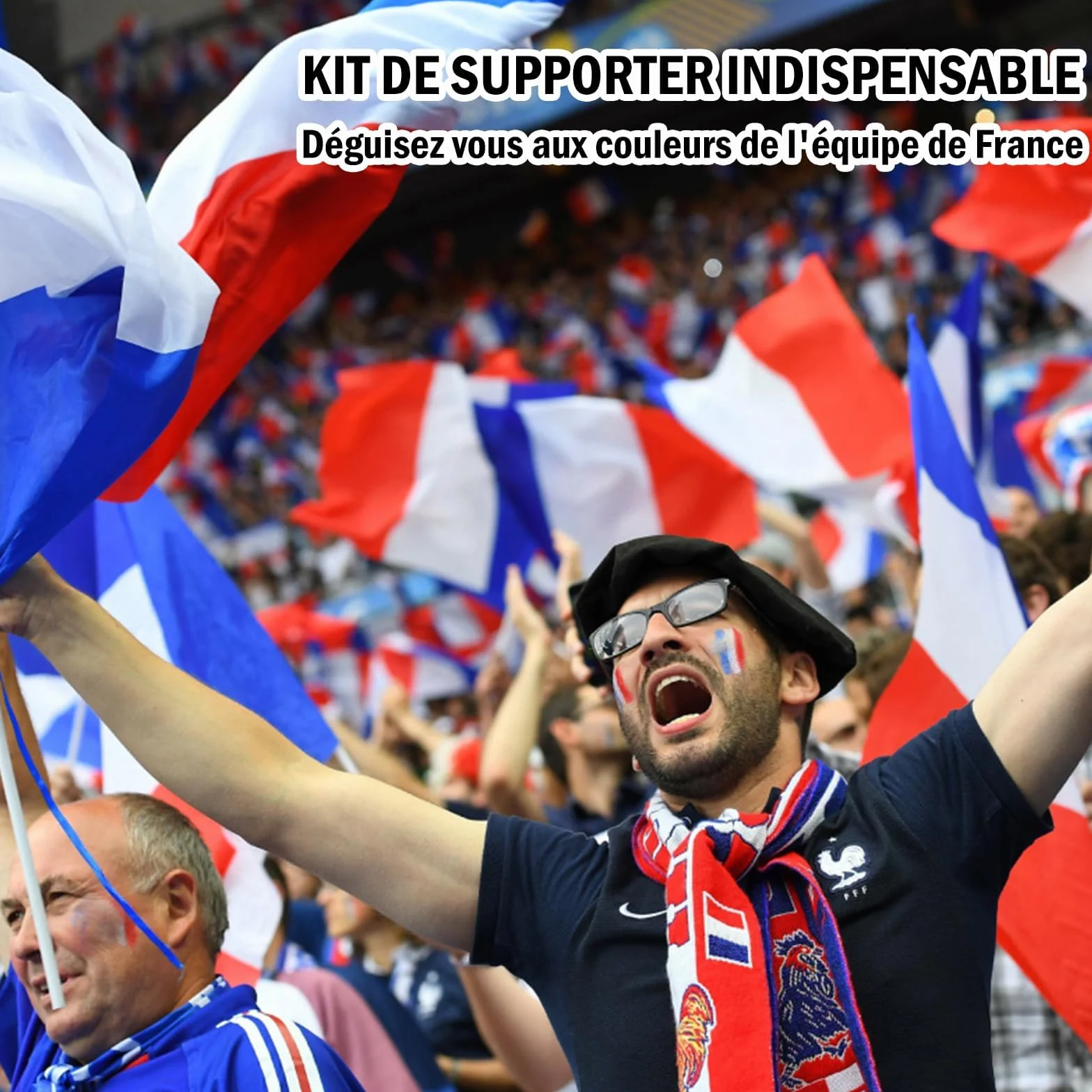 Kit Supporter France Bleu Blanc Rouge Accessoires Tricolore Stick Maquillage Drapeau Bandeau Poignets Lunettes Perruque