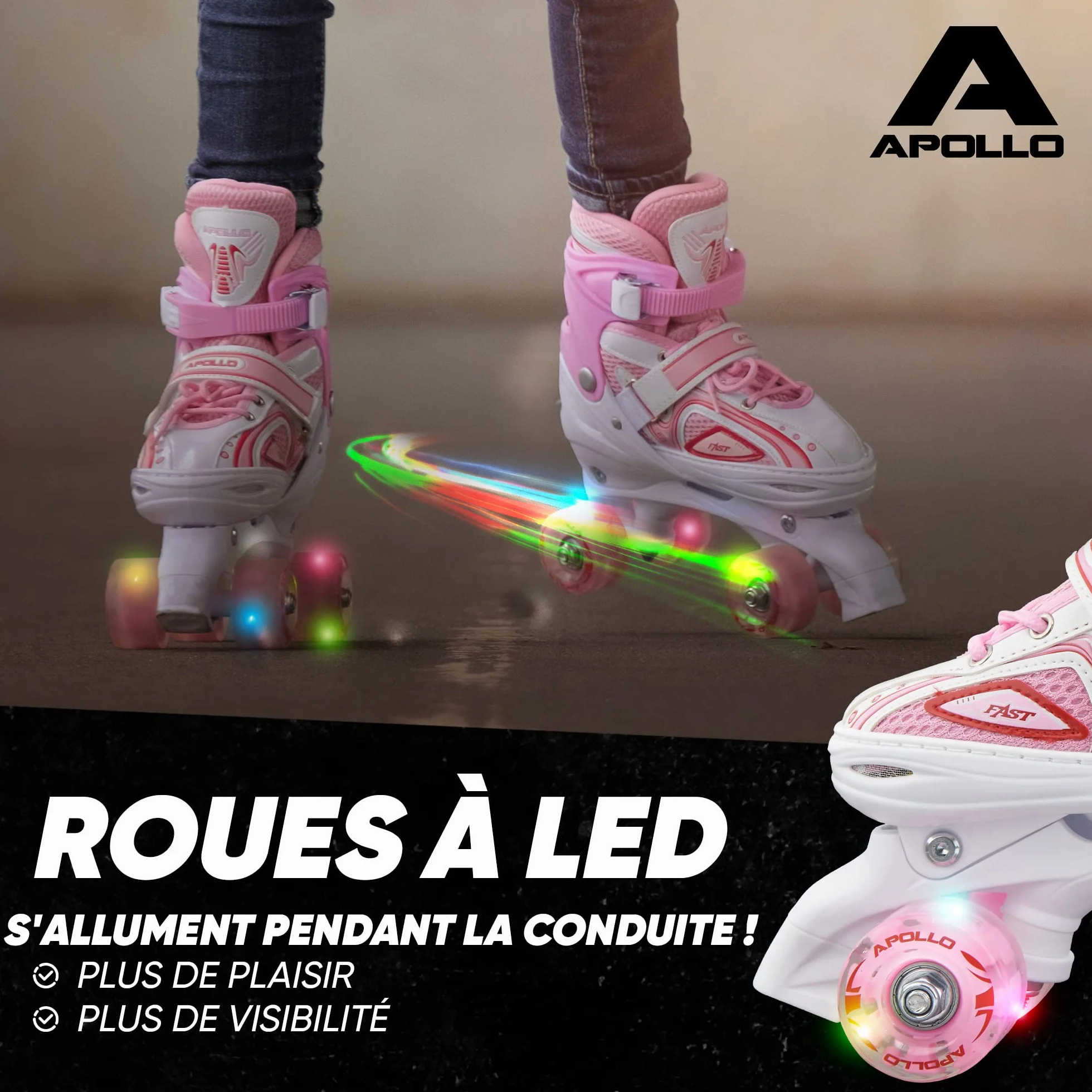 Apollo Super Quad X Pro Patins à roulettes LED Enfants Débutants