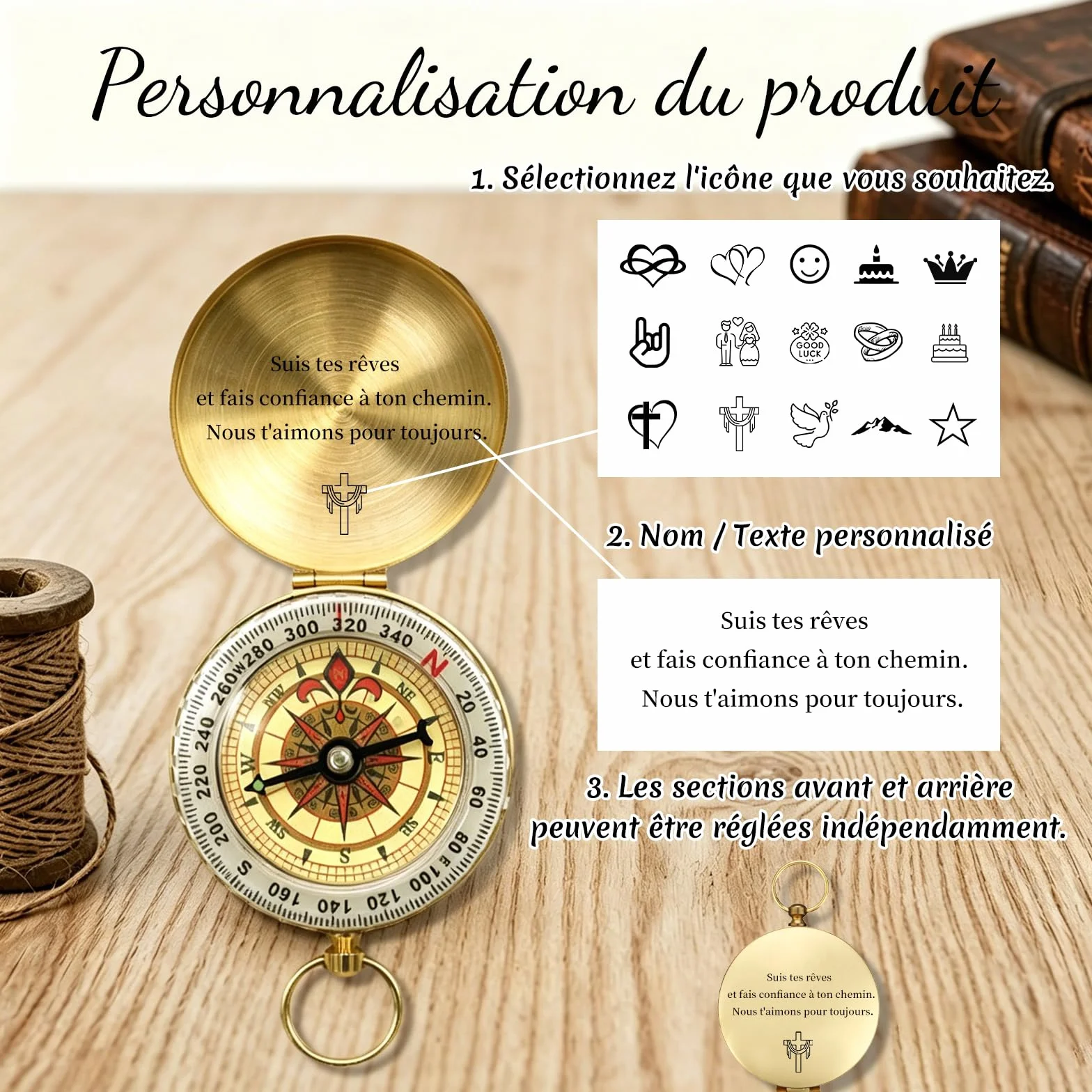 Boussole en Laiton Personnalisable Gravure Nom Logo Date Imperméable Lumineuse Cadeau Randonnée