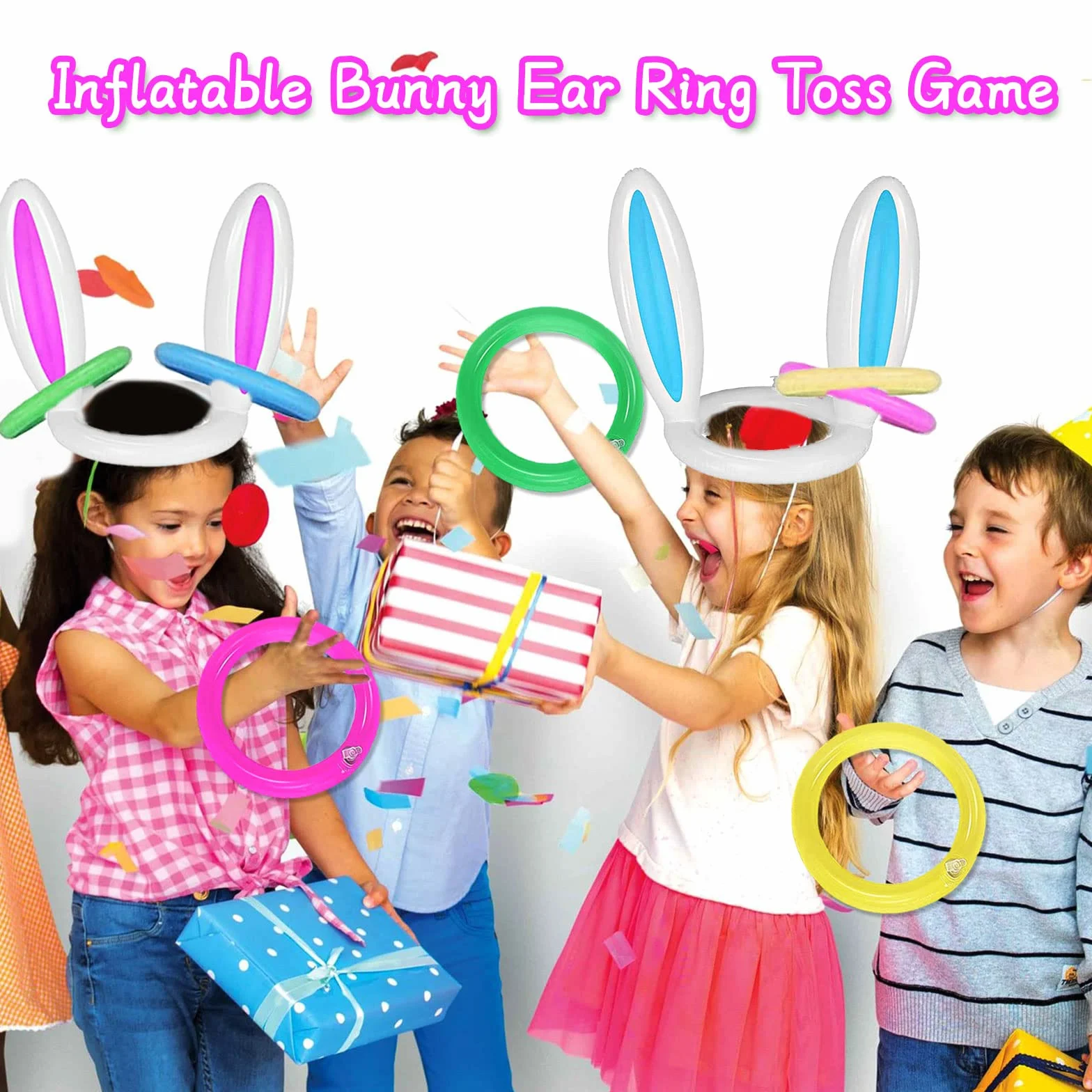 Lot de 2 Jeux de Lancer d'Anneaux Gonflables Oreilles de Lapin 8 Anneaux 1 Pompe Fête Enfants Famille