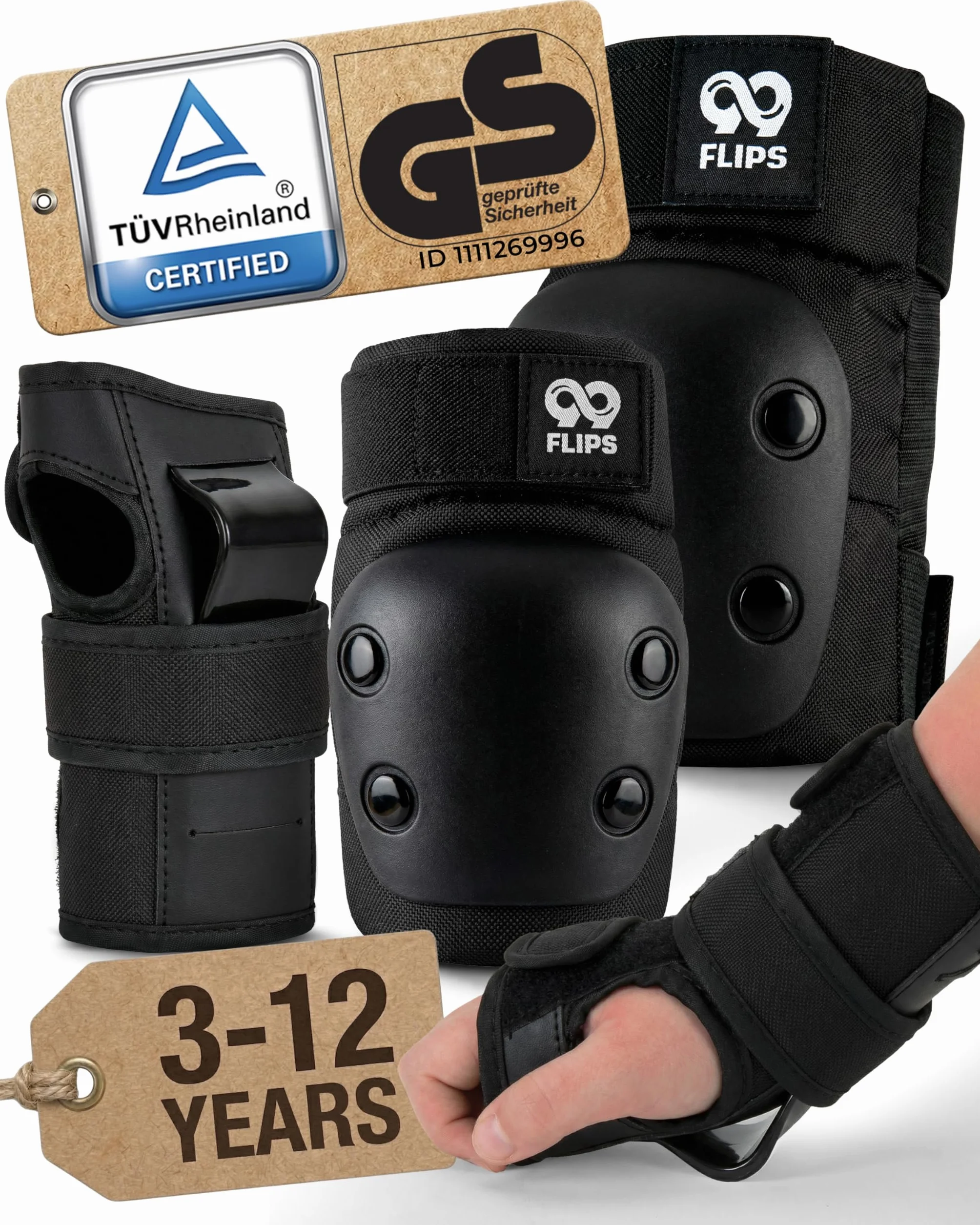 99FLIPS Protection Skateboard Enfant - Protege Genoux Skate et Freestyle BMX Taille SM Noir