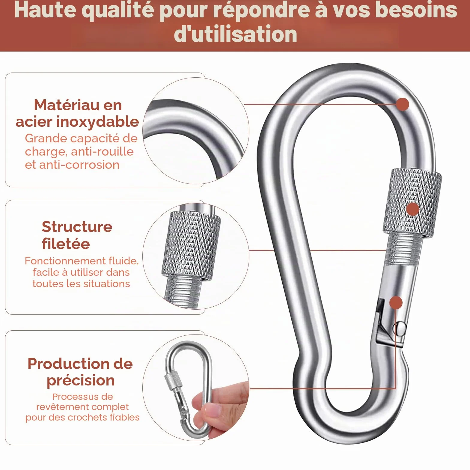 Mousquetons en acier inoxydable 200 kg à vis 38 x 80 mm lot de 4