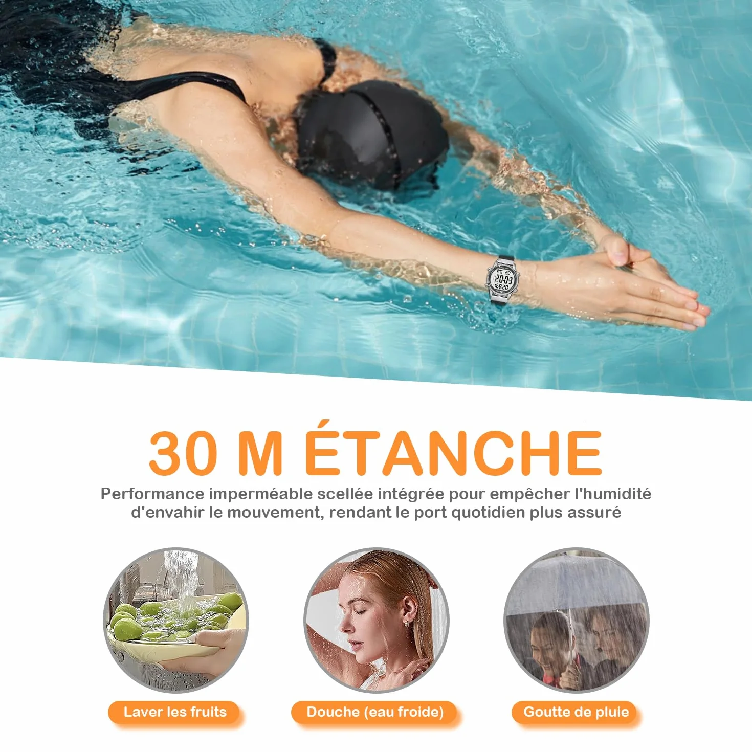 Montre podomètre Femme, Bracelet Nylon, comptage Pas Calories Distance Horloge rétroéclairage
