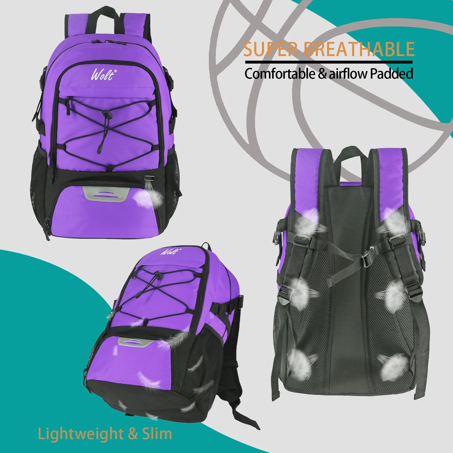 WOLT Sac à Dos de Basket-Ball Grand Sac de Sport avec Porte-Ballon et Compartiment à Chaussures