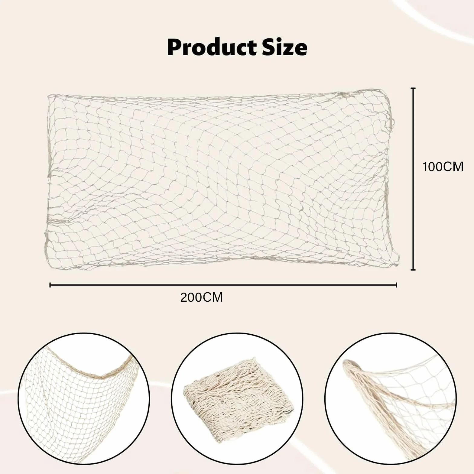 Filet de pêche décoratif 200 x 100 cm en coton naturel style méditerranéen nautique