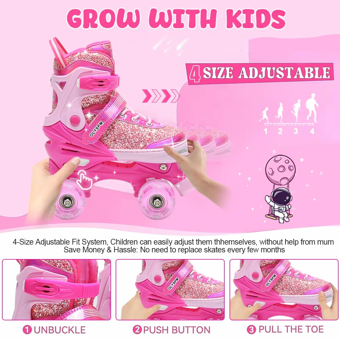 Patin à Roulettes Fille Roller Enfant 8 Roues Lumineuses Taille Réglable