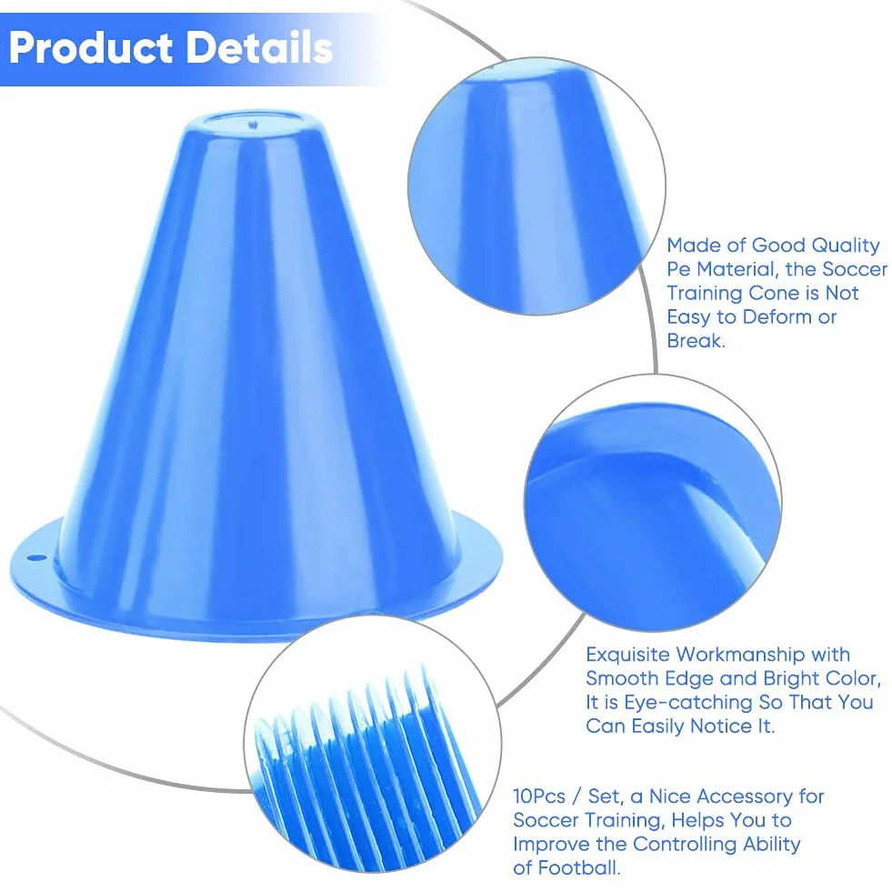 Keenso Ensemble de Cônes de Marqueurs de Football, 10pcs Plots de Marquage pour Entraînement en Plastique (Bleu)