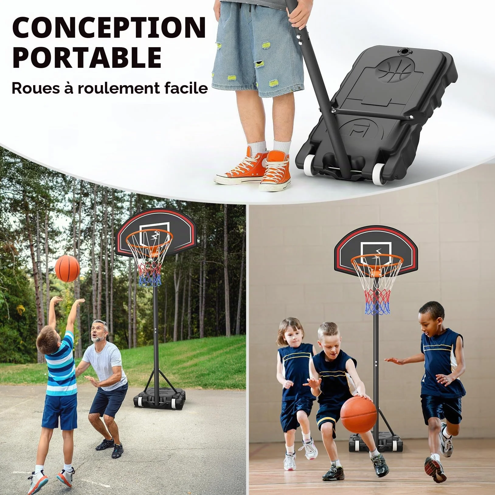 YOLEO Panier de basket extérieur pour enfants réglable 160-210 cm avec système Net System sur roues