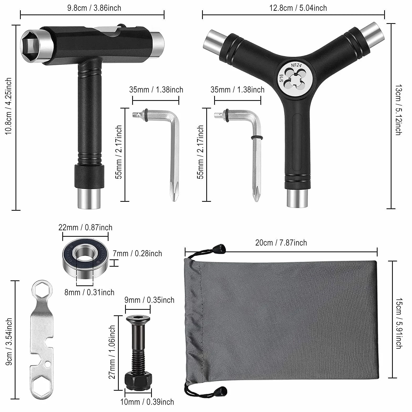 Lot de 15 outils de skateboard multifonctions - Outil en Y avec clé Allen et clé hexagonale - Accessoires pour longboard, skateboard, scooter