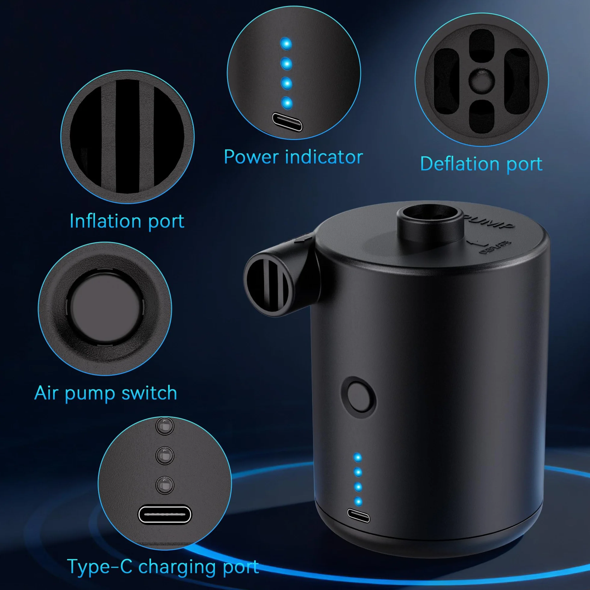 Pompe à air électrique rechargeable portable pour matelas gonflable avec 3 buses d'air, gonfleur rapide pour matelas et piscine