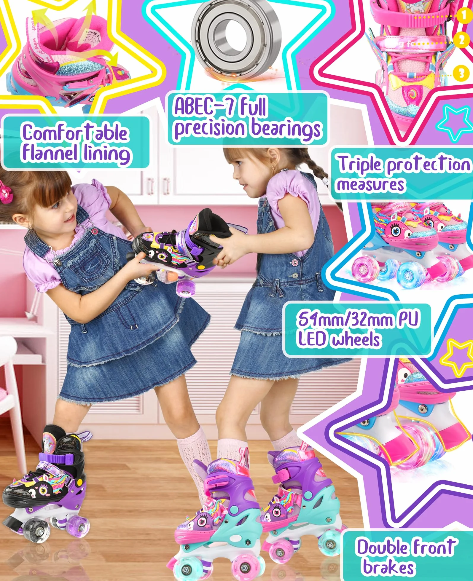 Licorne Roller Enfant Fille Patins à roulettes Ajustable avec Roues Allumées 4 Taille Réglable