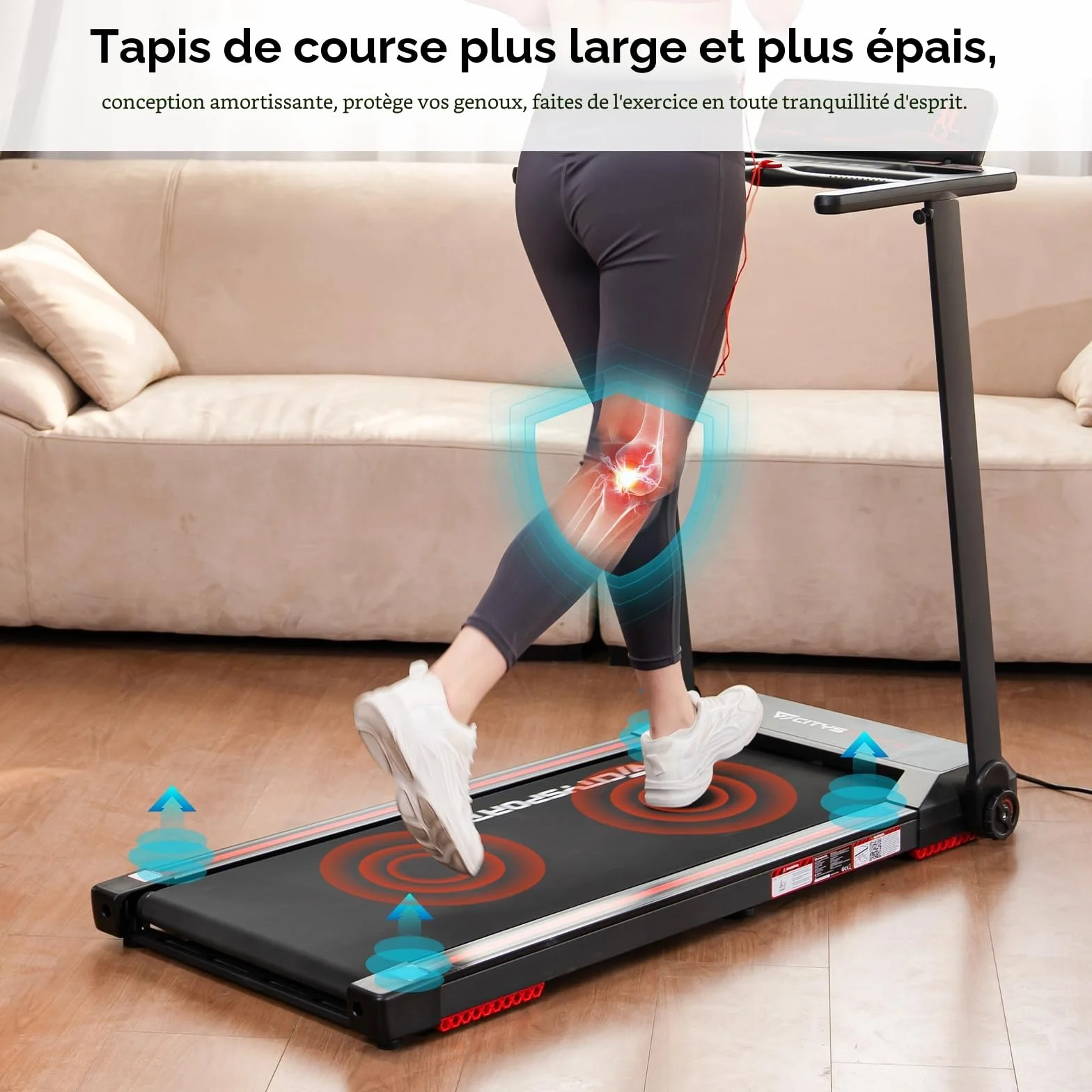 CITYSPORTS Tapis de Course Pliable 12 km/h avec Affichage LED, APP et Support Tablette 360° - Walking Pad Compact pour Maison et Bureau (Noir et Rouge)