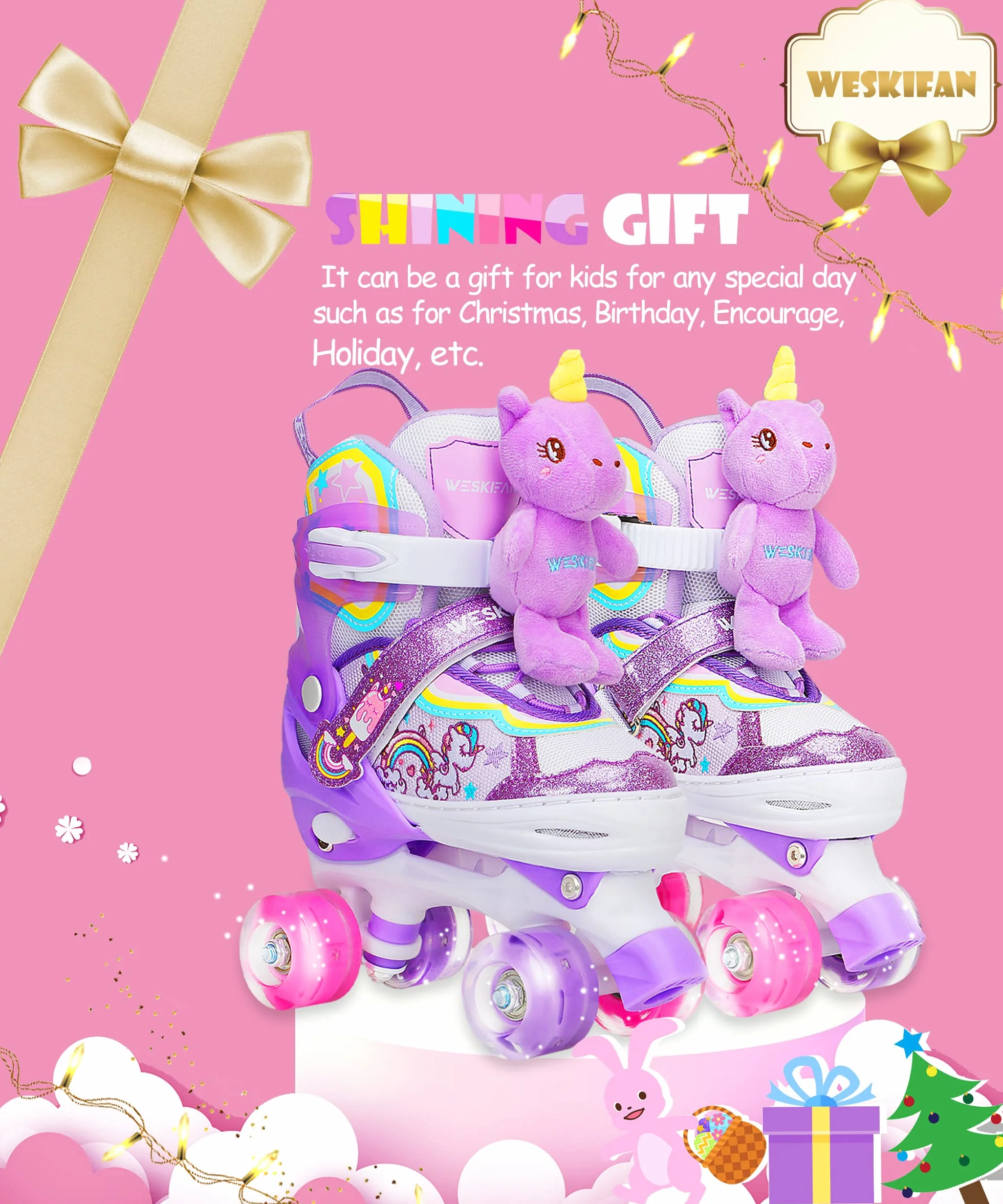 Patins à roulettes Enfant Licorne Roller Quad Ajustable avec Roues Lumineuses Taille Réglable Filles